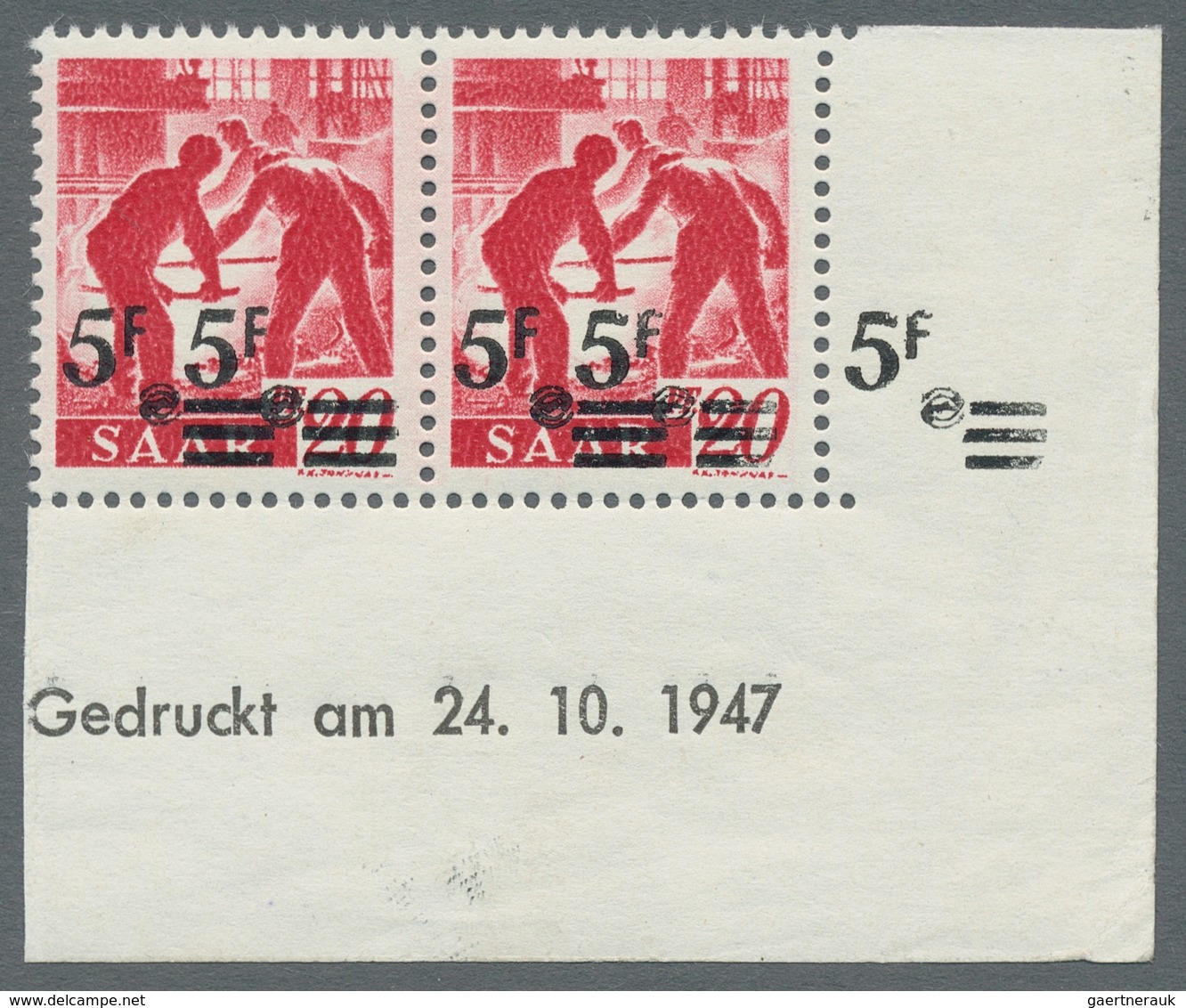 Saarland (1947/56): 1947, "5 Fr. Auf 20 Pfg. Mit Doppeltem Aufdruck Und Druckdatum", Postfrisches Ec - Unused Stamps