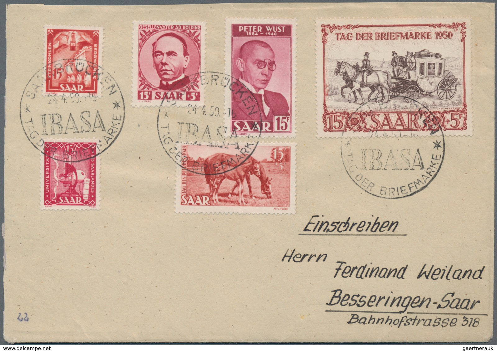 Saarland (1947/56): 1949/1950, 15+5 Fr Pferde, 15+5 Fr Kolping U. 15+5 Fr IBASA MiF A. Brief, 15+5 K - Ungebraucht