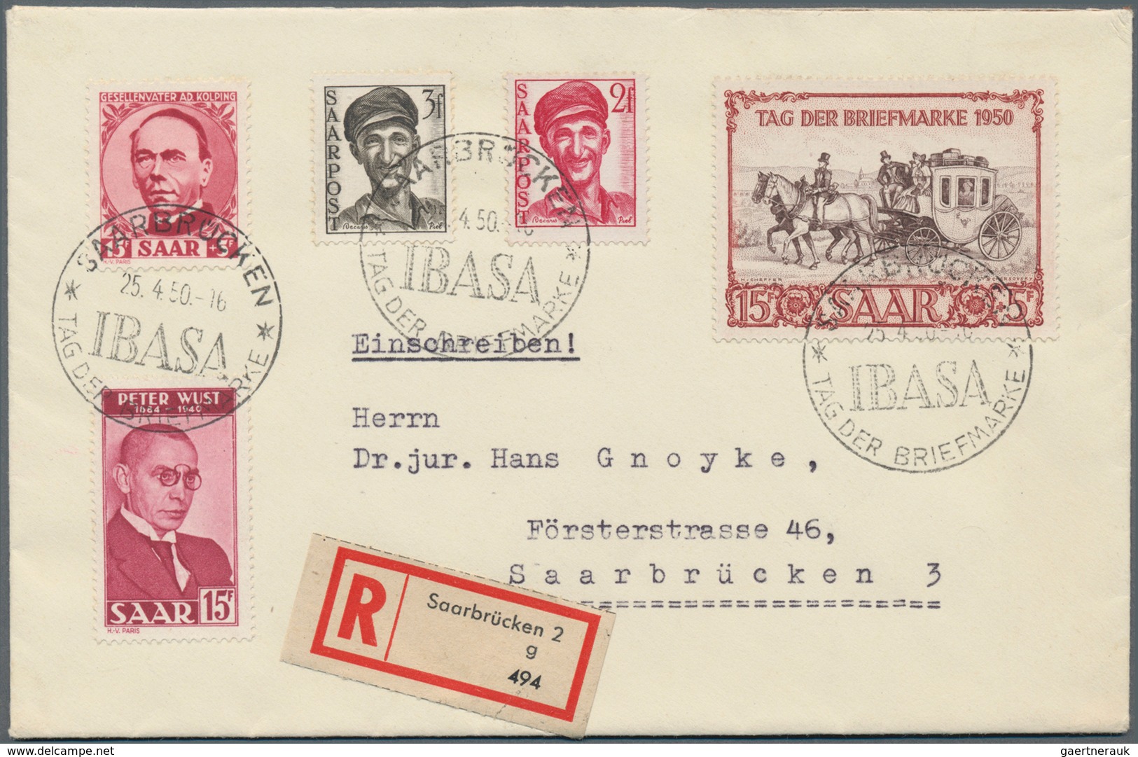 Saarland (1947/56): 1950, 15+5 Fr Kolping U. 15+5 Fr IBASA MiF Auf R-Brief + 15+5 Fr IBASA U. RK A. - Unused Stamps