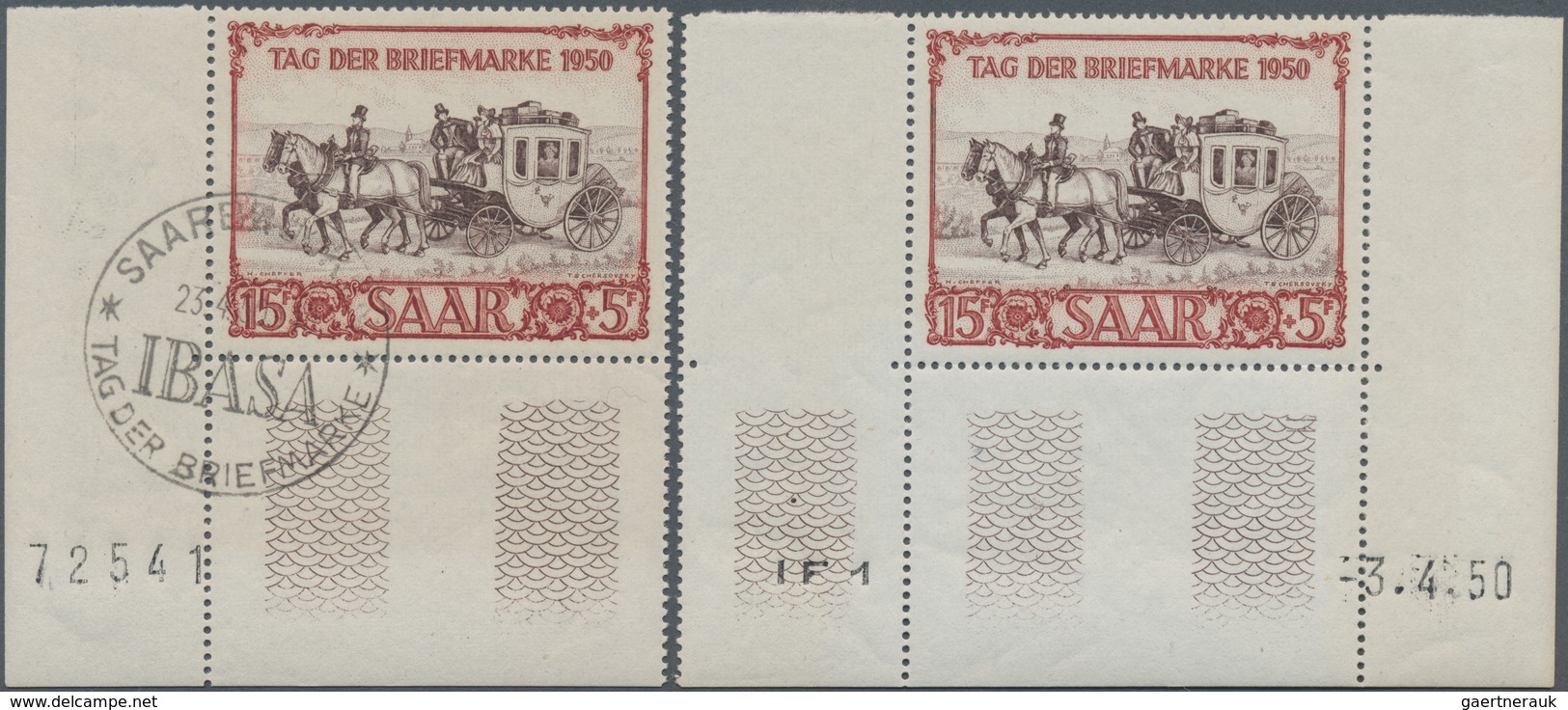Saarland (1947/56): 1950, 15+5 Fr IBASA Aus Der Rechten Unteren Bogenecke (incl. Links Zwischensteg) - Unused Stamps