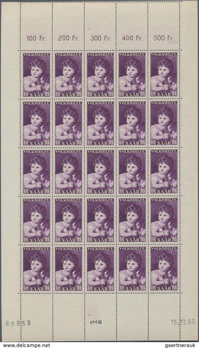 Saarland (1947/56): 1953, Volkshilfe Kpl. BOGENSATZ Mit Je 25 Stück Incl. Bogen-Nummern Und Druckdat - Unused Stamps