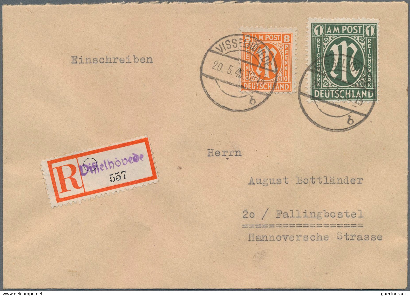 Bizone: 1946, AM-Post 8 Pf Und 1 RM Als Portogerechte Mischfrankatur Auf R-Brief Ab "VISSELHÖVEDE B - Autres & Non Classés