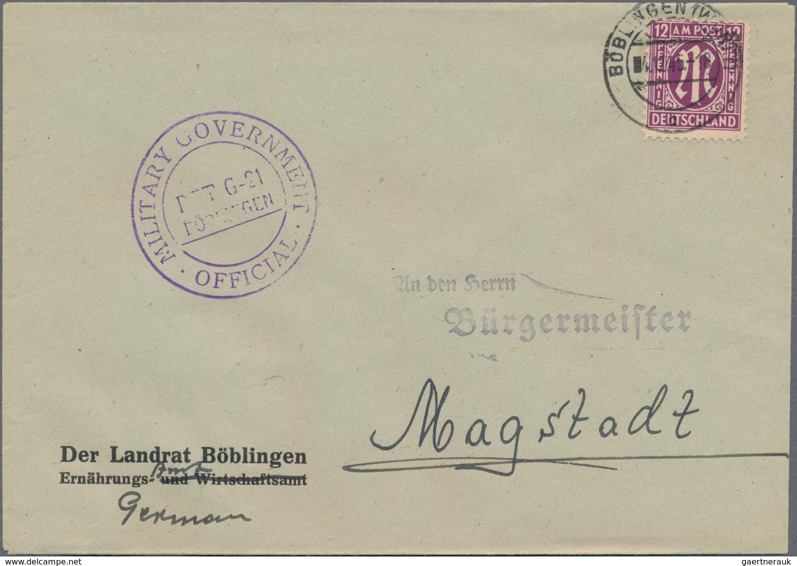 Bizone: 1945, LOKALZENSUR BÖBLINGEN, 12 Pf AM-Post, Einzelfrankatur Auf Vordruck-Briefumschlag "Der - Other & Unclassified