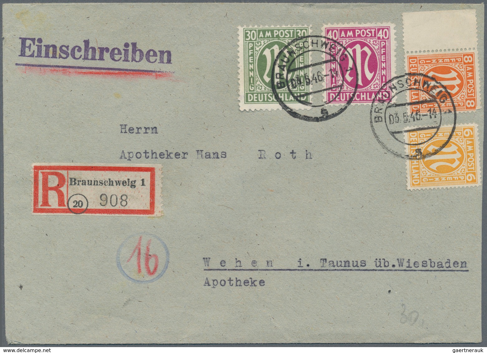 Bizone: 1945, AM-Post 6 Pf, 8 Pf, 30 Pf (diese Mit PLATTENFEHLER " 'G'vom Linken 'PFENNIG' Oben Besc - Altri & Non Classificati