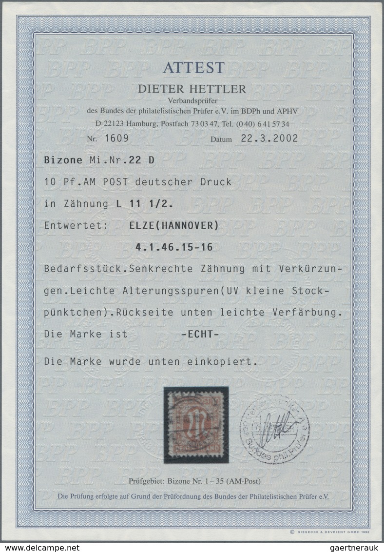 Bizone: 1945, AM-Post 10 Pfg. Deutscher Druck Mit Zähnung L 11½, Entwertet "ELZE (HANNOVER) 4.1.46 1 - Sonstige & Ohne Zuordnung