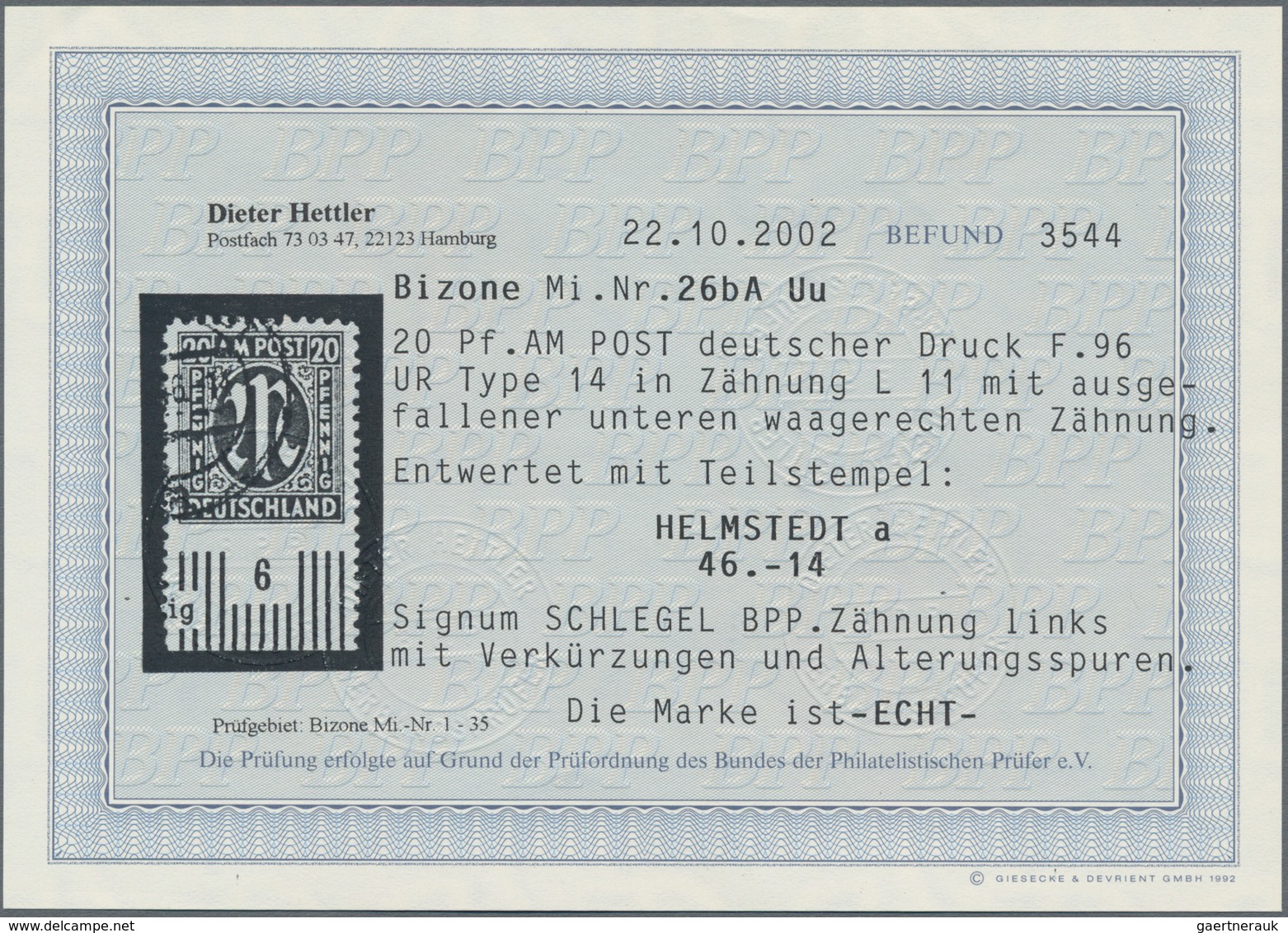 Bizone: 1945, Deutscher Druck 20 Pf Preussischblau, Unten UNGEZÄHNTES Unterrandstück Von Feld 96, En - Sonstige & Ohne Zuordnung