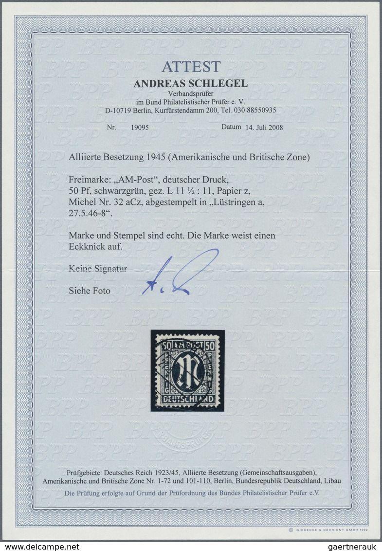 Bizone: 1945, 50 Pf. AM-Post Schwarzgrün Mit Zähnung 11½ : 11, Papier Z, Gebraucht "Lüstringen A 27. - Autres & Non Classés