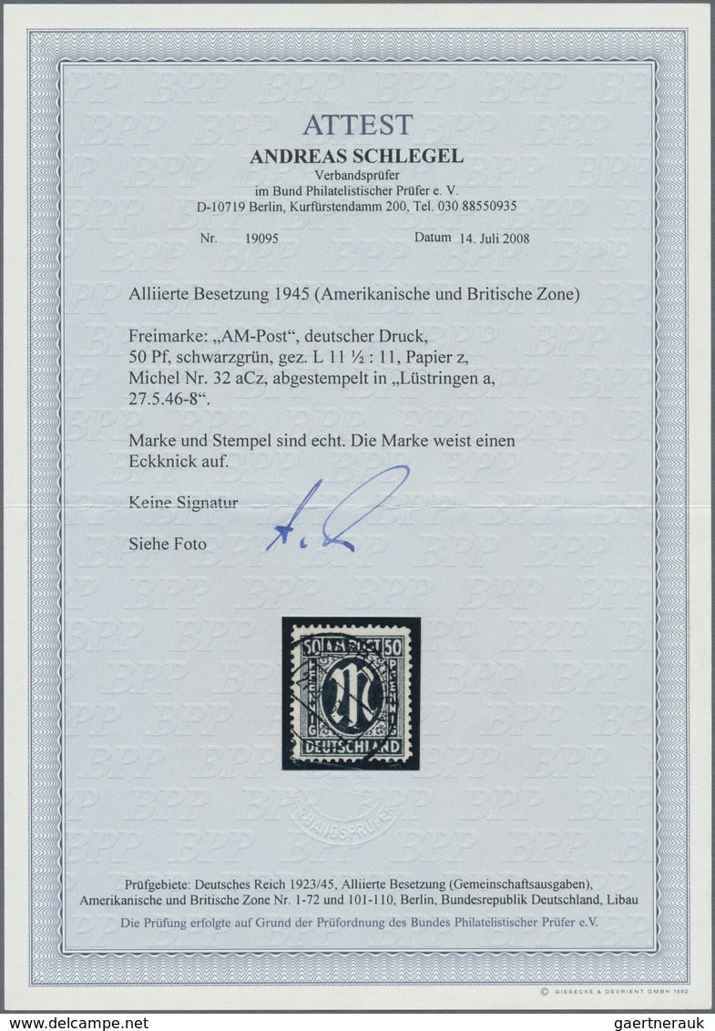 Bizone: 1945, 50 Pf. AM-Post Schwarzgrün Mit Zähnung 11½ : 11, Papier Z, Gebraucht "Lüstringen A 27. - Sonstige & Ohne Zuordnung