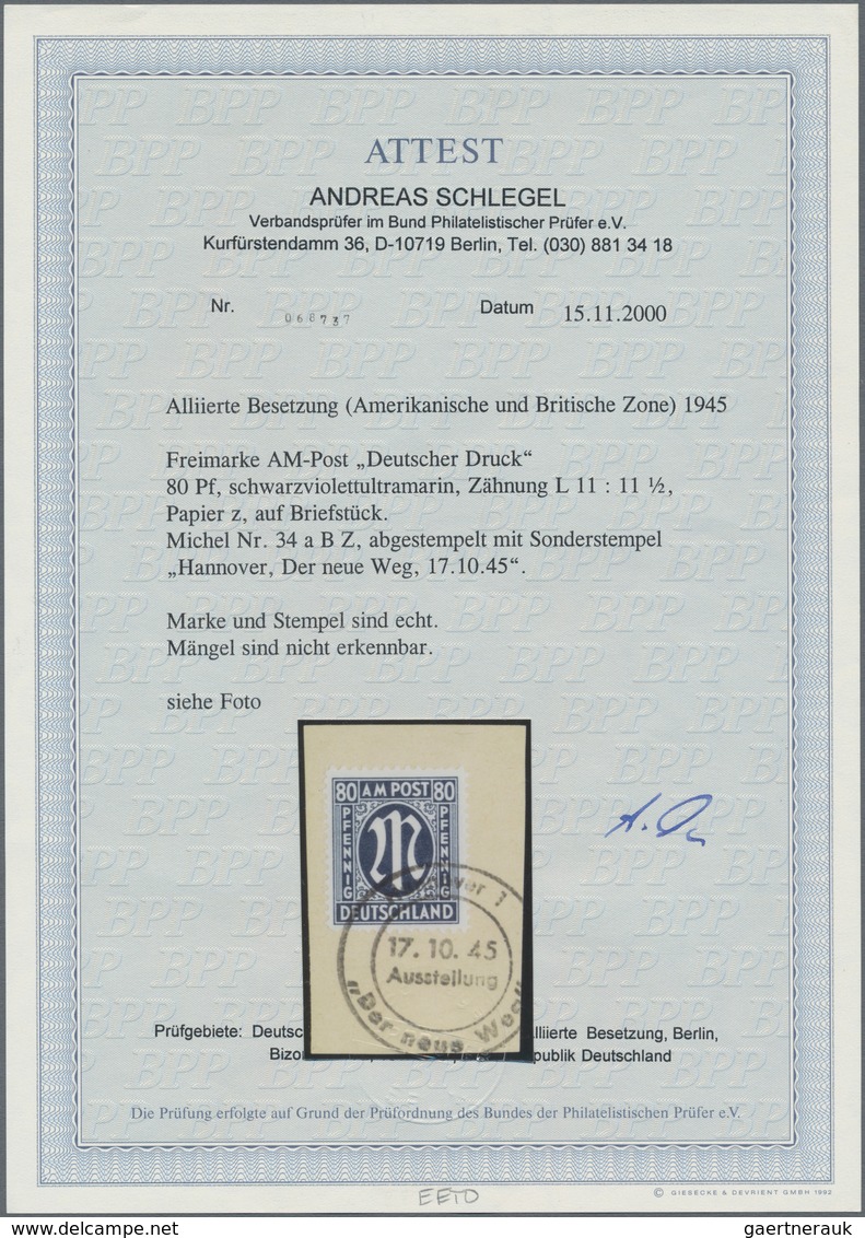 Bizone: 1945, 80 Pfg. Schwarzviolettultramarin, Gezähnt L 11:11 1/2, Auf Pracht-Briefstück Mit SST „ - Autres & Non Classés