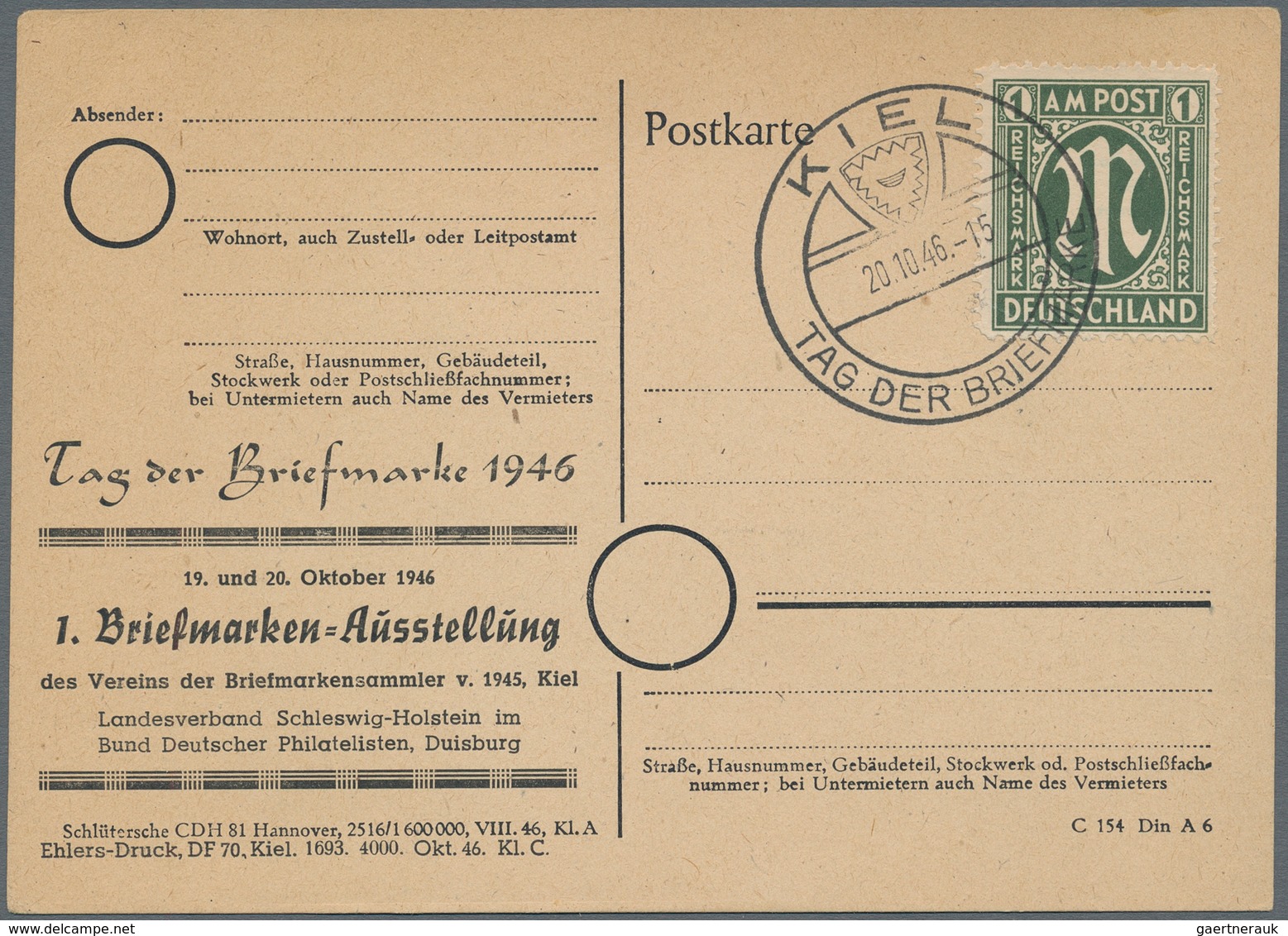 Bizone: 1946 Karte Mit Zudruck Der 1. Briefmarkenausstellung In Kiel Und Sst. Tag Der Briefmarke - Autres & Non Classés