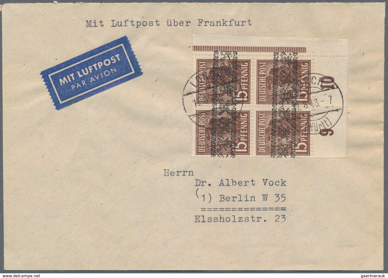 Bizone: 1948, 15 Pf Siena Arbeiter Bandaufdruck, Re. Unterer Eckrandviererblock Als MeF Auf Luftpost - Sonstige & Ohne Zuordnung