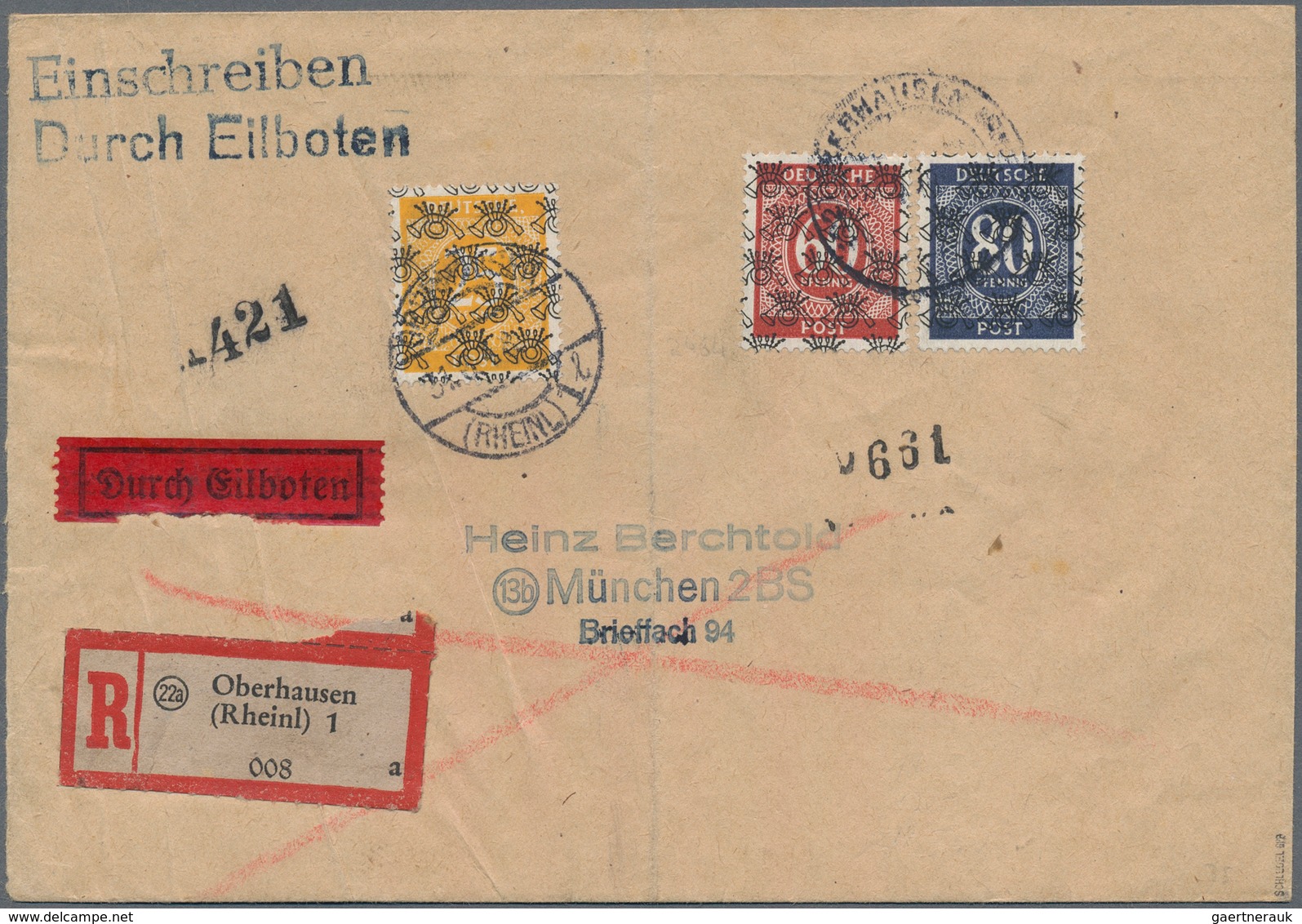 Bizone: 1948. Eilboten-R-Brief Mit 25, 60 Und 80 Pf Netz Je Kopfstehender Aufdruck. Der Brief Ist 1 - Autres & Non Classés