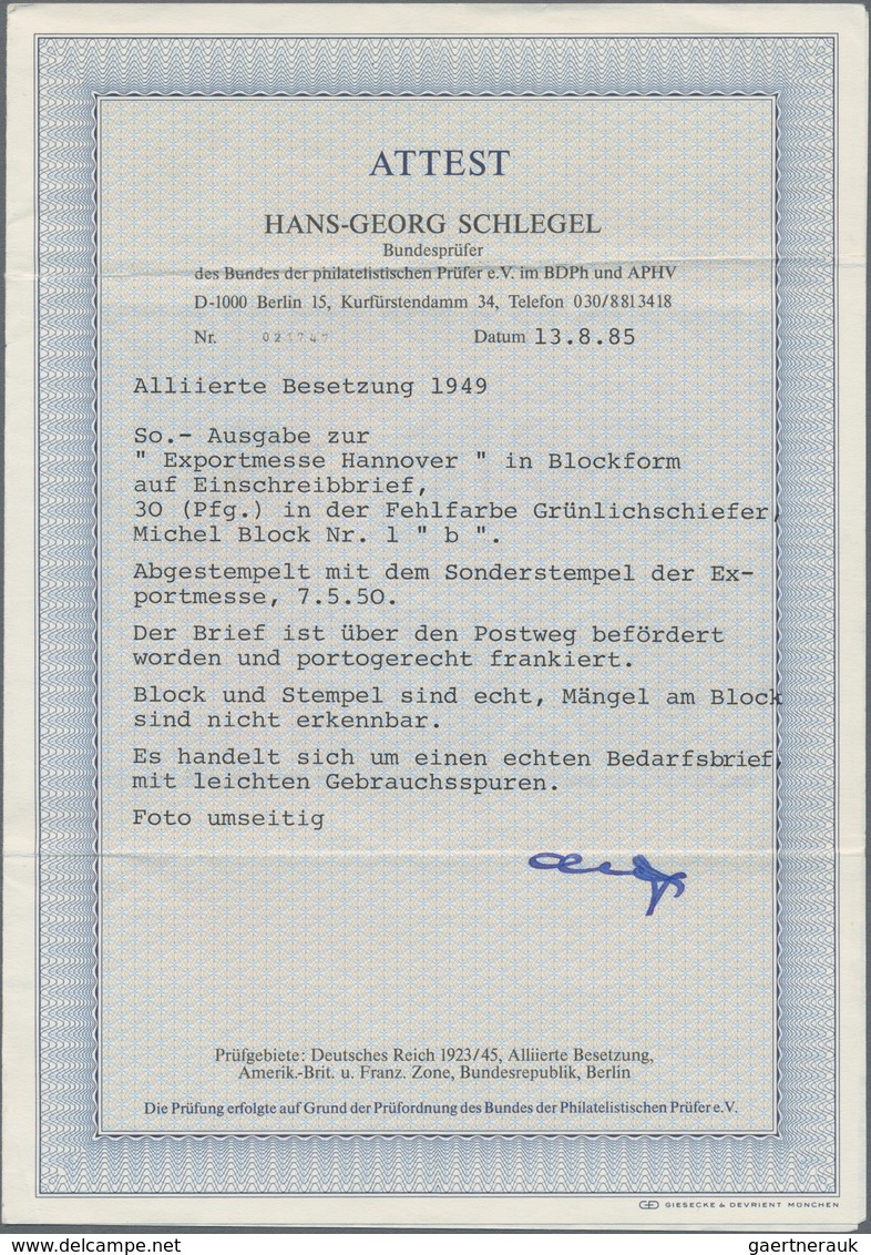 Bizone: 1949, Exportmesse Hannover Blockausgabe Mit Der Seltenen Farbe "30 Pf. Dunkelgrünlichgraubla - Autres & Non Classés