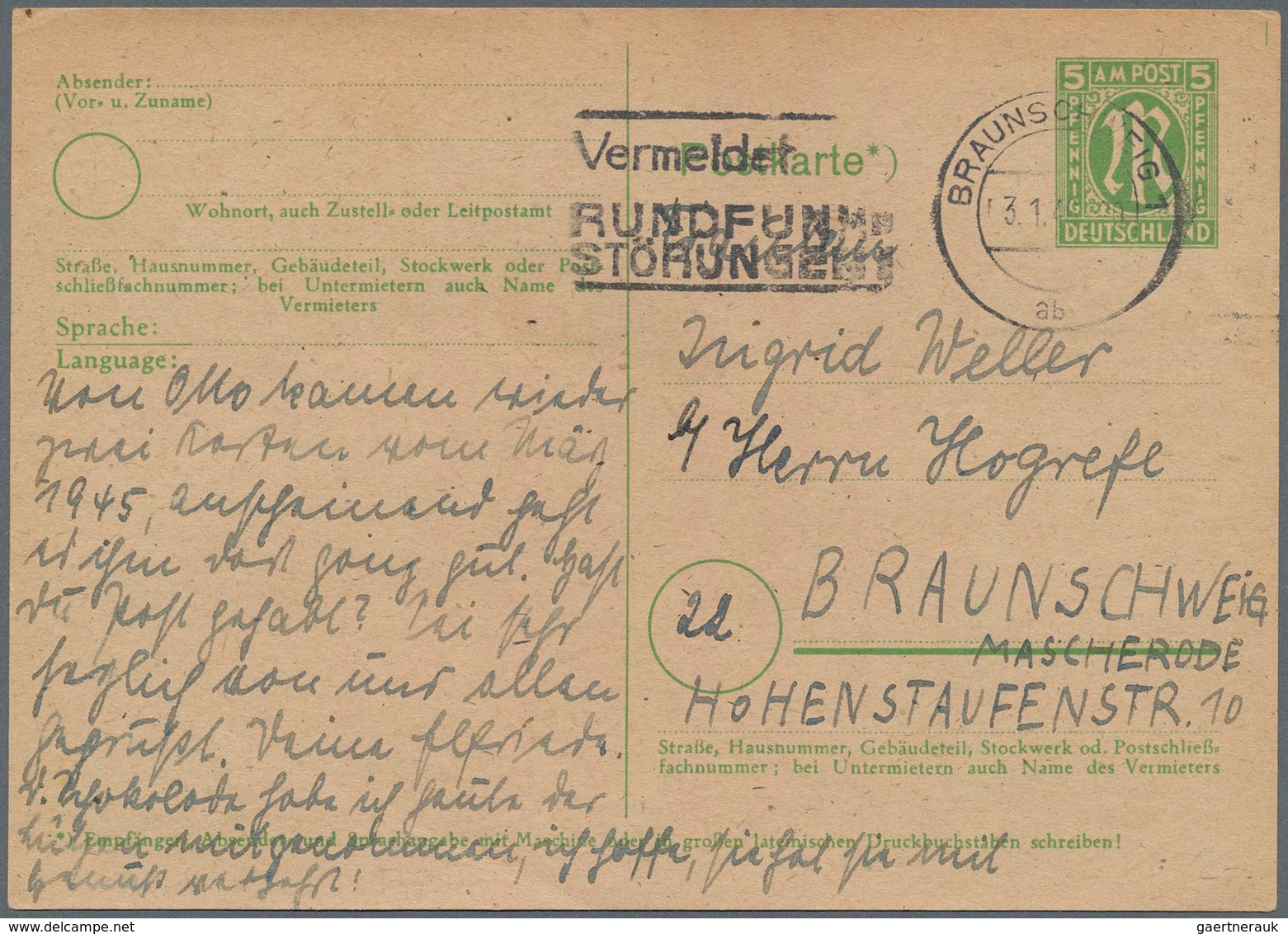 Bizone - Ganzsachen: 1946. Postkarte 5 Pf AM-Post Im Ortsverkehr Mit Maschinenstempel "Braunschweig - Other & Unclassified
