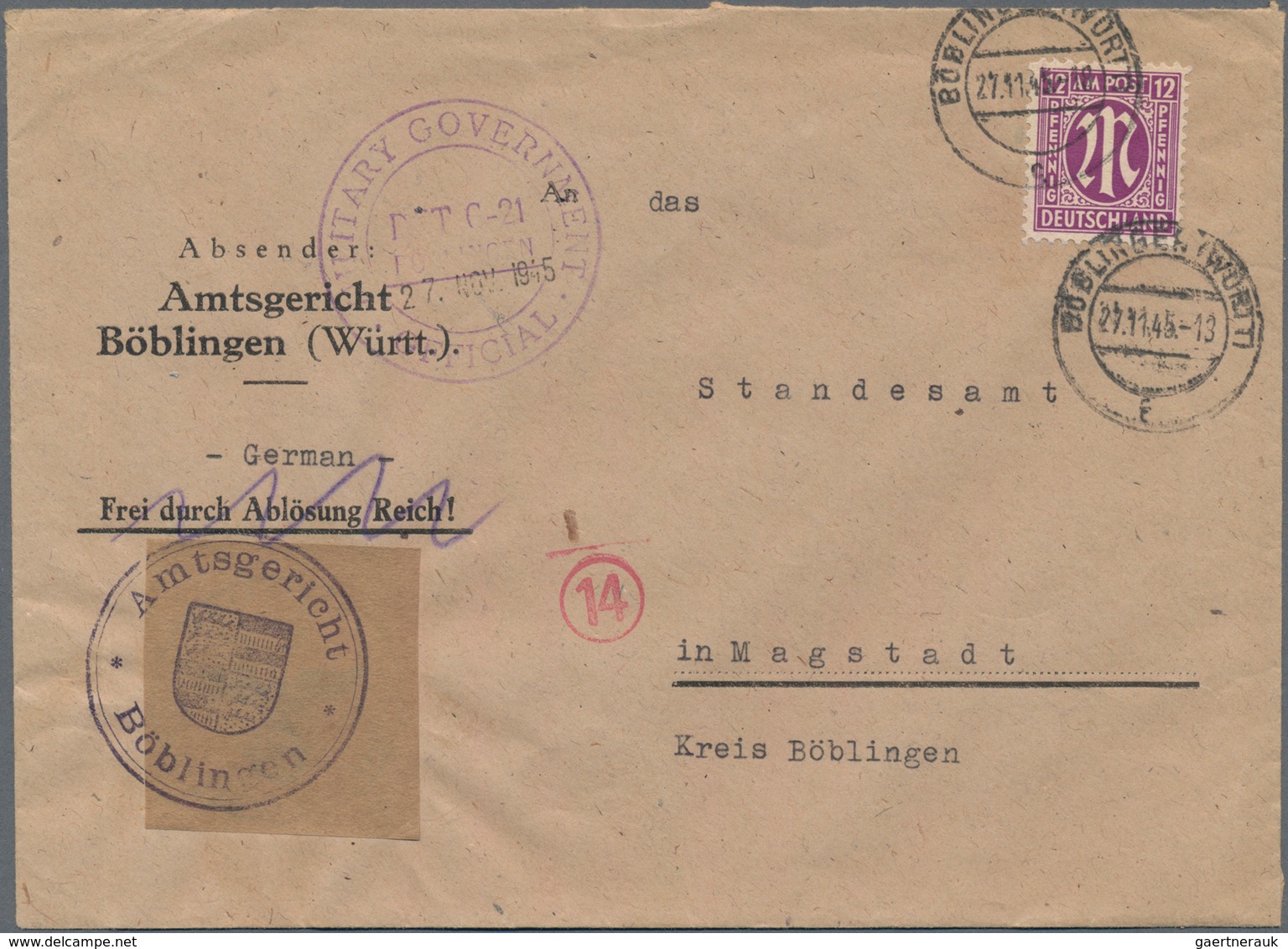 Bizone - Besonderheiten: 1945, LOKALZENSUR BÖBLINGEN, 12 Pf AM-Post, Einzelfrankatur Auf Vordruck-Br - Other & Unclassified