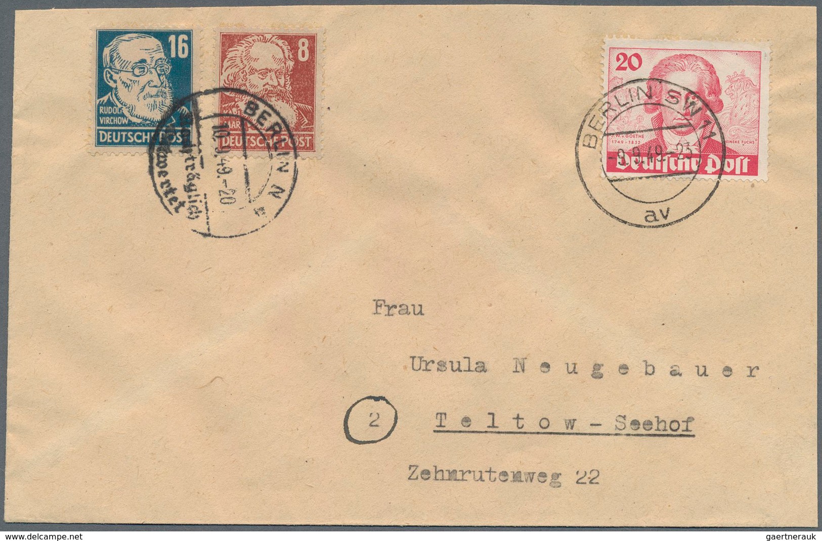 Bundesrepublik Und Berlin - Postkrieg: 20 Pf. Goethe Mit SBZ 8 U.16 Pf. Köpfe Zusammen Auf Bf. Ab Be - Other & Unclassified