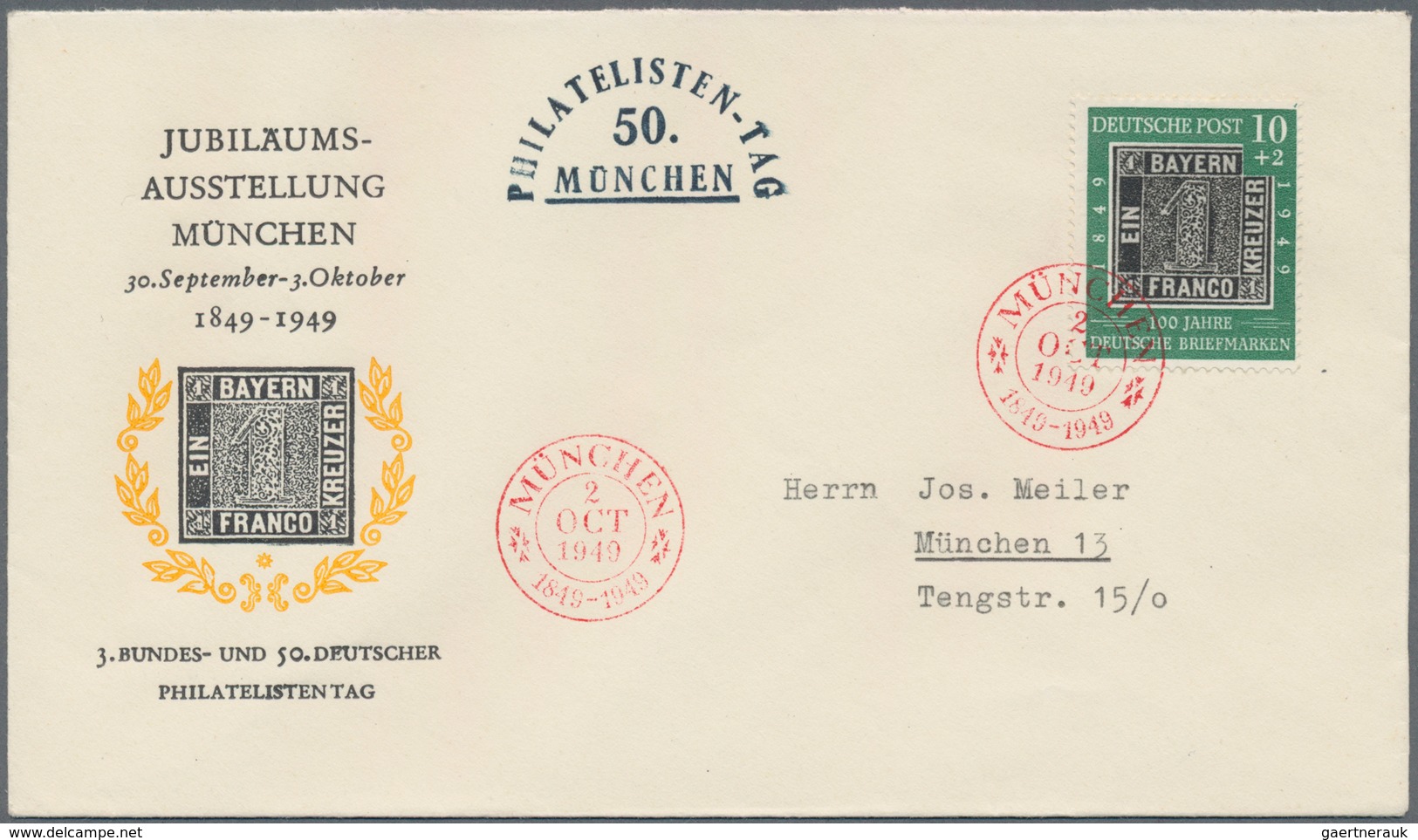 Bundesrepublik Deutschland: 1949, 100 Jahre Deutsche Briefmarken 10 + 2 Pf Auf Portogerechtem Orts-S - Other & Unclassified