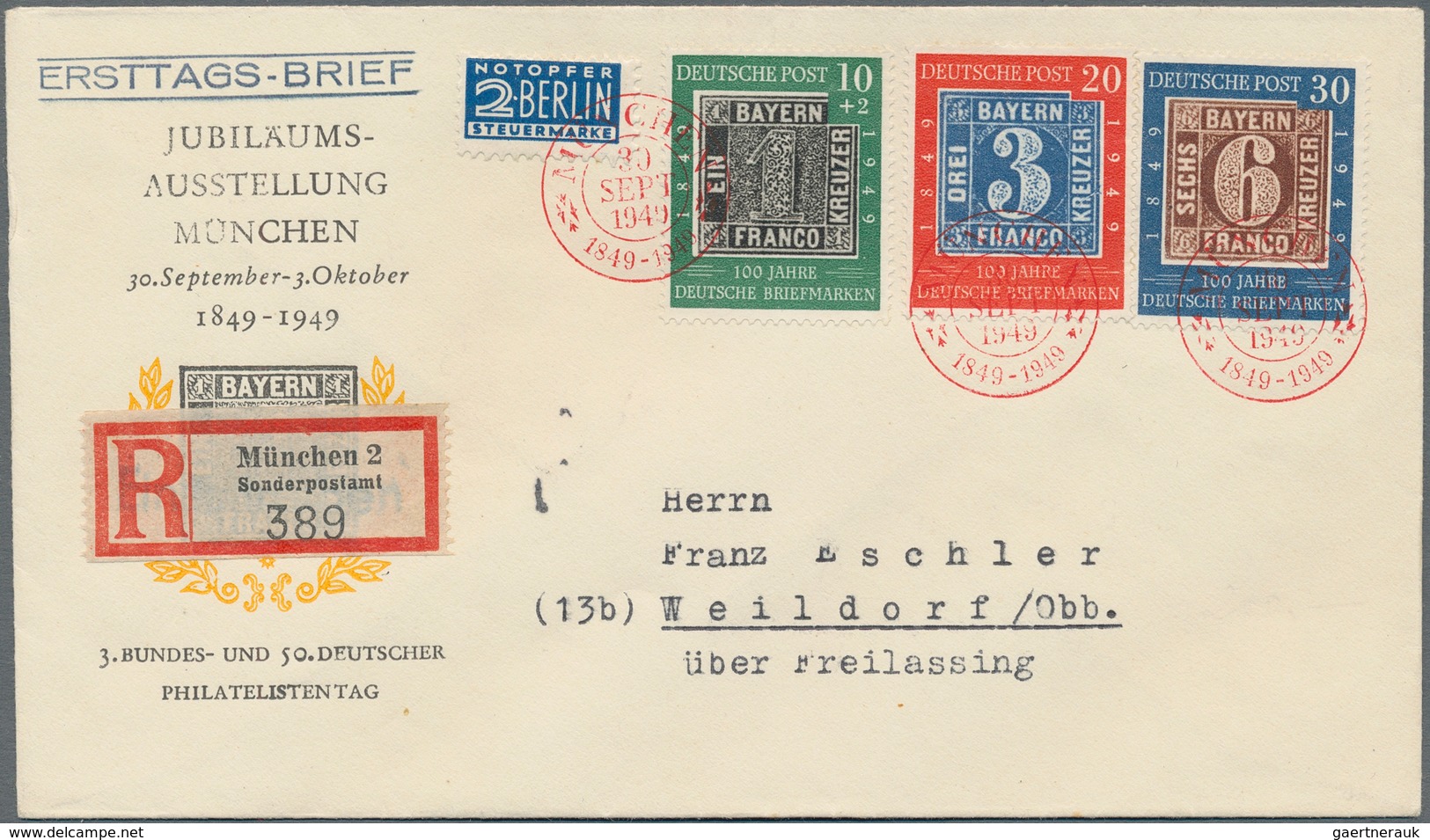 Bundesrepublik Deutschland: 1949, Sonderausgabe 100 Jahre Briefmarken, Satz 3 Werte Auf Gelaufenem R - Other & Unclassified