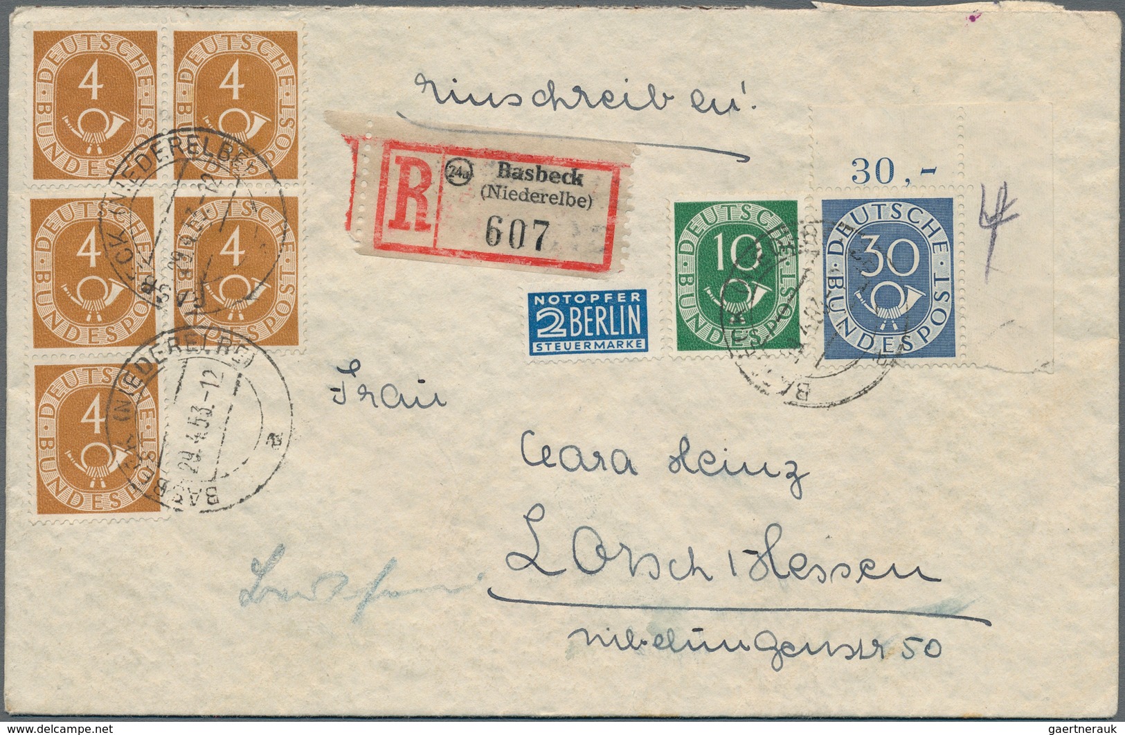 Bundesrepublik Deutschland: 1953, 30 Pfg. Posthorn Aus Der Bogenecke Rechts Oben Zus. Mit 5x4 Pfg. U - Autres & Non Classés