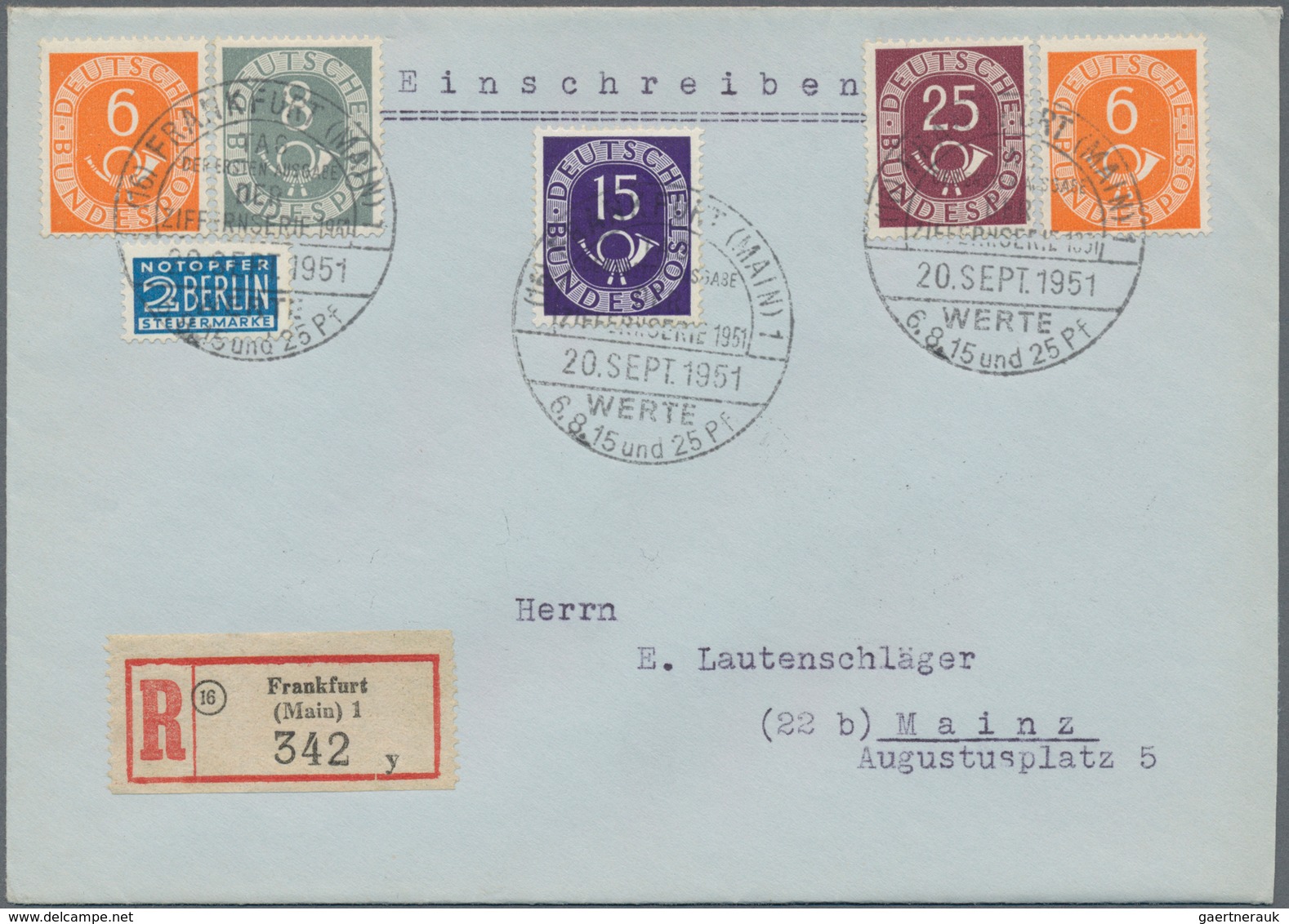 Bundesrepublik Deutschland: 1951, 6 Pf Zweimal, 8 Pf, 15 Pf Und 25 Pf Posthorn Portogerechtem Luxus- - Autres & Non Classés
