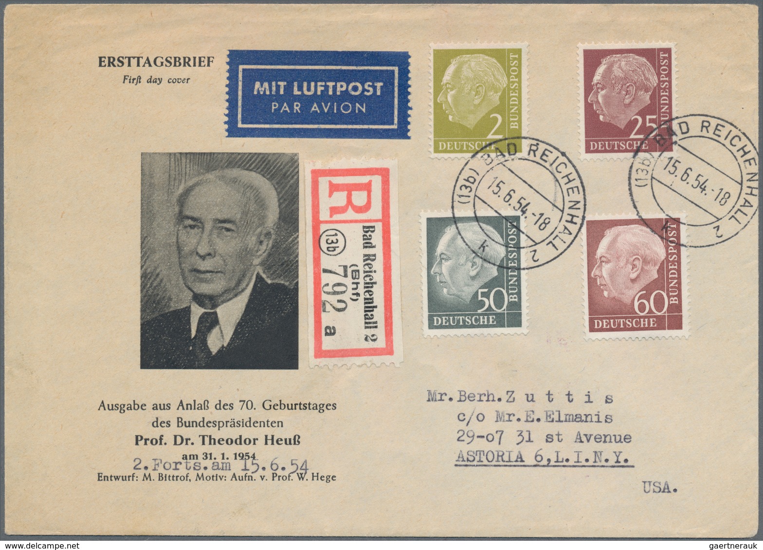 Bundesrepublik Deutschland: 1954, 2 Pfg., 25 Pfg., 50 Pfg. Und 60 Pfg. Heuss I Auf überfrankiertem I - Autres & Non Classés