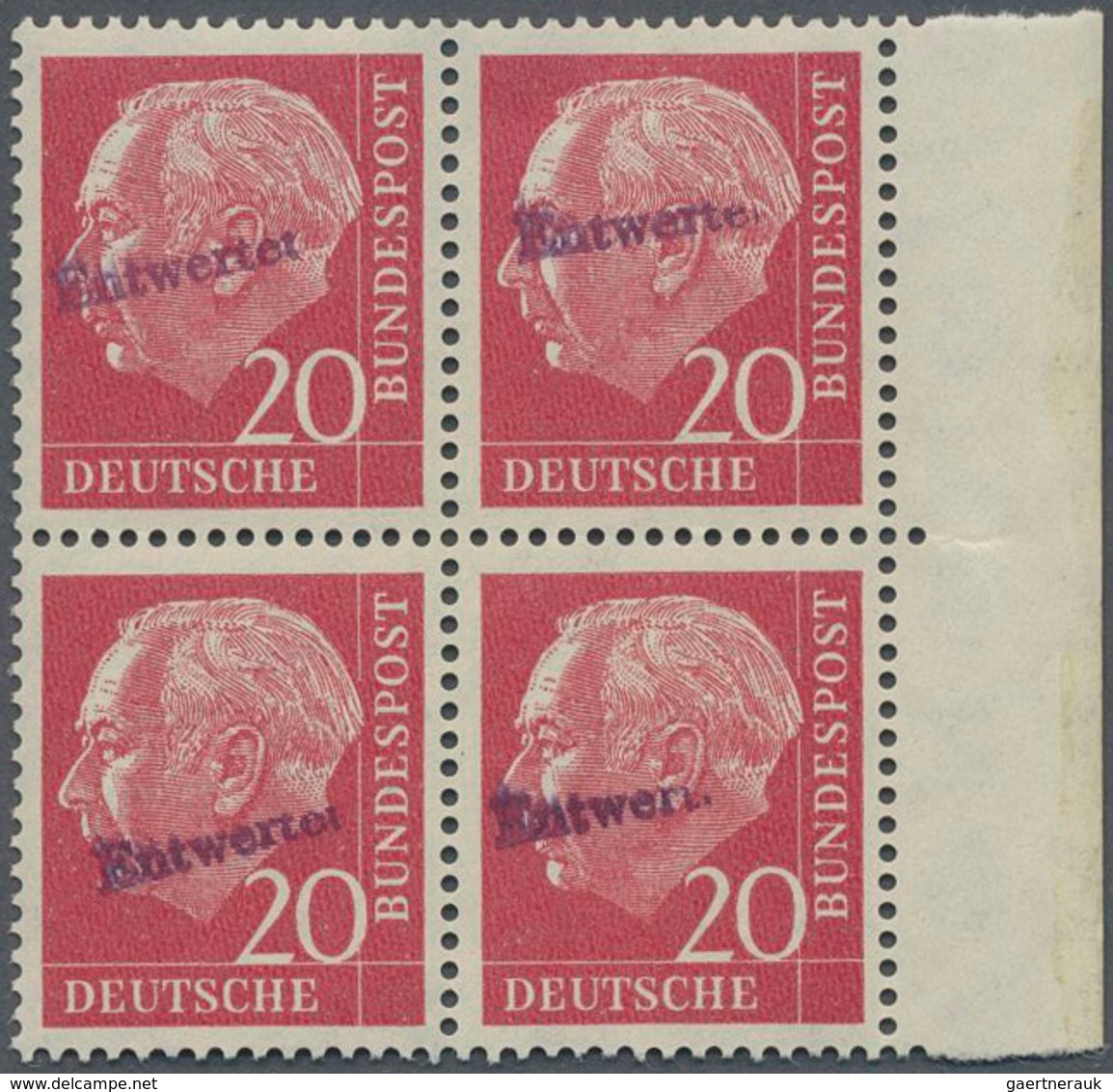 Bundesrepublik Deutschland: 1960. Heuss I 20 Pf Im SR-4er-Block, Jede Marke Mit Aufdruck "Entwertet" - Sonstige & Ohne Zuordnung