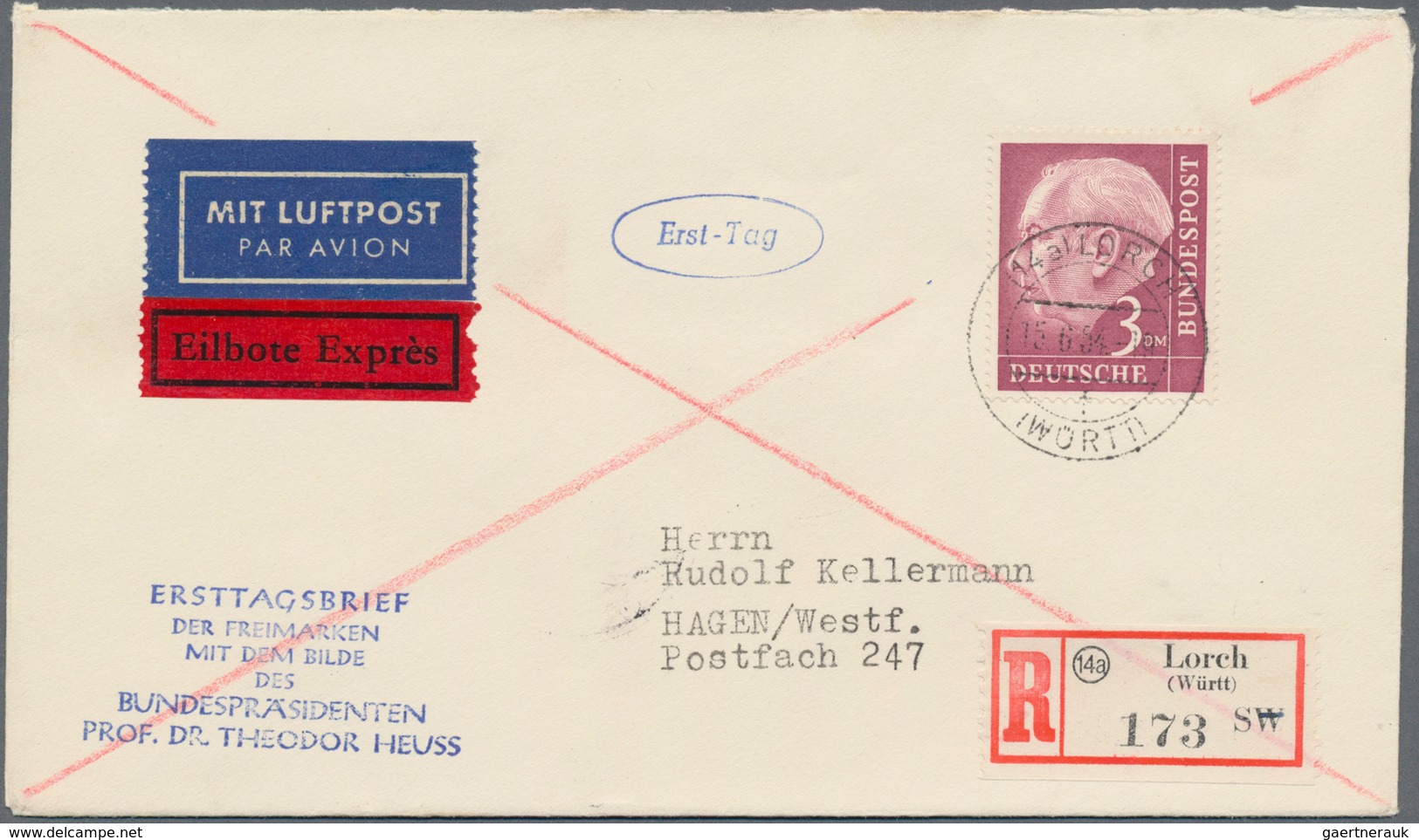 Bundesrepublik Deutschland: 1954. Heuss 3 DM Als EF Auf Eilboten-R-Lp-FDC-Brief "Lorch 15.6.54" Nach - Otros & Sin Clasificación