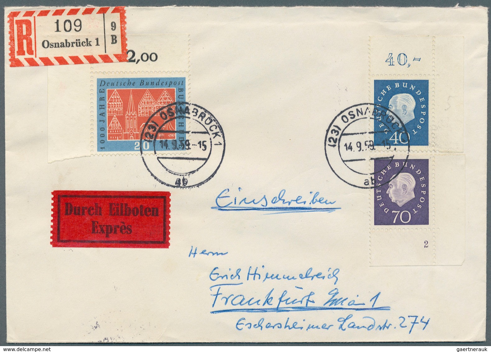 Bundesrepublik Deutschland: 1959, Freimarken Heuss III, R-Brief Per Express Mit 40 Pf Eckrand Oben R - Andere & Zonder Classificatie