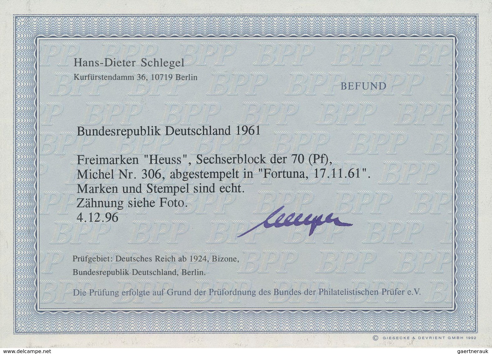 Bundesrepublik Deutschland: 1959, Heuss 70 (Pfg.), Gestempelter Sechserblock, Gestempelt "FORTUNA 17 - Autres & Non Classés