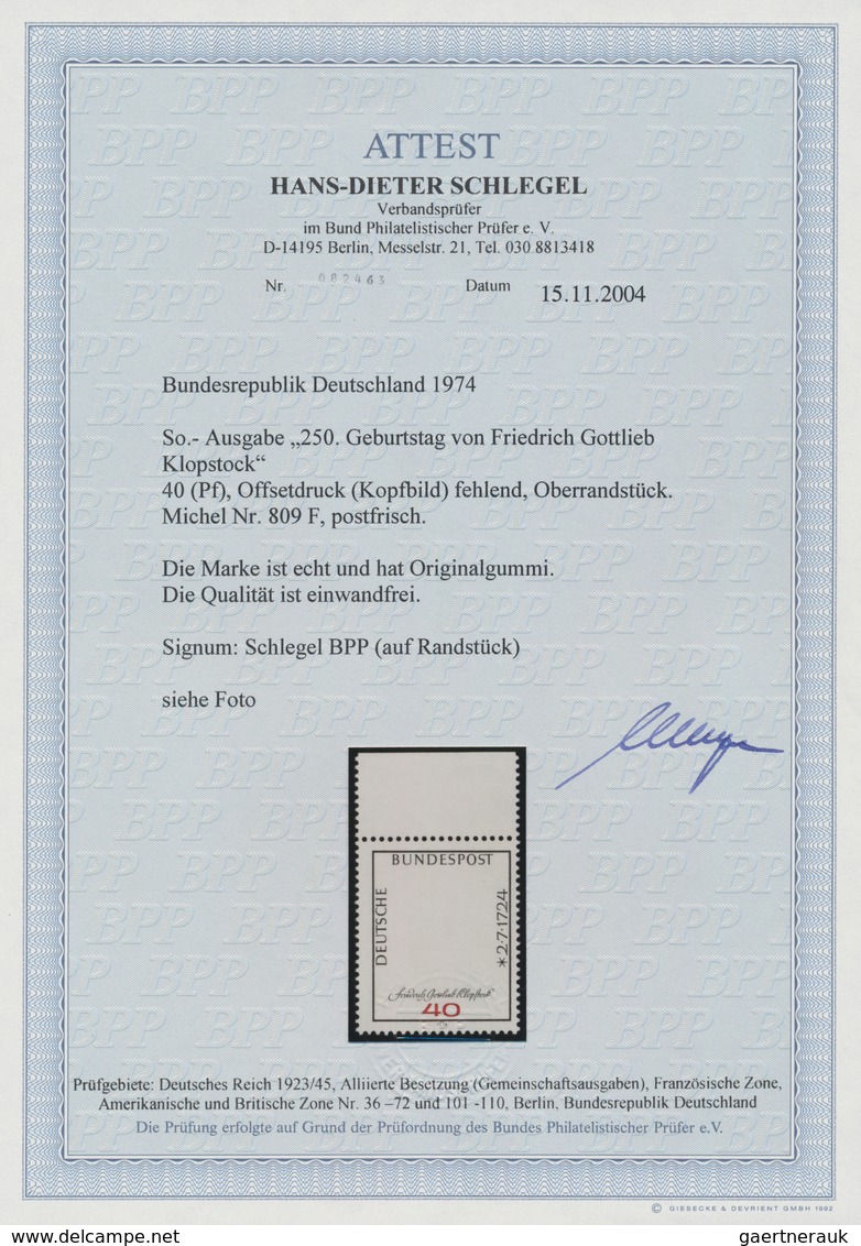 Bundesrepublik Deutschland: 1974, 40 Pf Klopstock, Marke Vom Oberrand Mit Abart "FEHLENDER SCHWARZER - Sonstige & Ohne Zuordnung