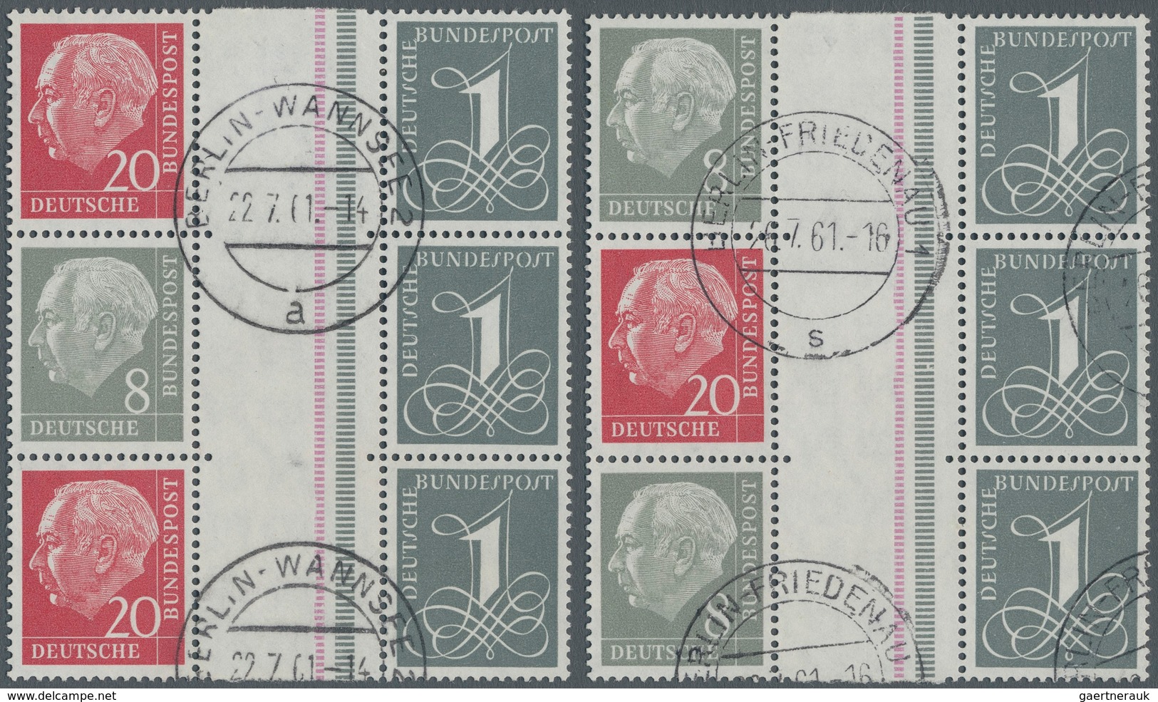 Bundesrepublik - Zusammendrucke: 1960, Heuss Liegendes WZ 8+Z+1 Sowie 20+Z+1, Nachauflage Innerhalb - Se-Tenant