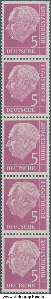 Bundesrepublik - Rollenmarken: 1954, HEUSS I 5 Pf Im 5er-Streifen Ungefaltet Mit Glattem Gummi, Rück - Roulettes