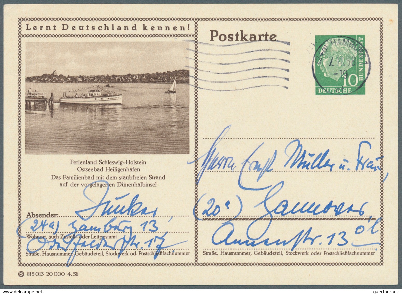 Bundesrepublik - Ganzsachen: 1958, Postkarte 10 Pf Grün Heuss I Mit Bild "Heiligenhafen", Gebraucht - Sonstige & Ohne Zuordnung