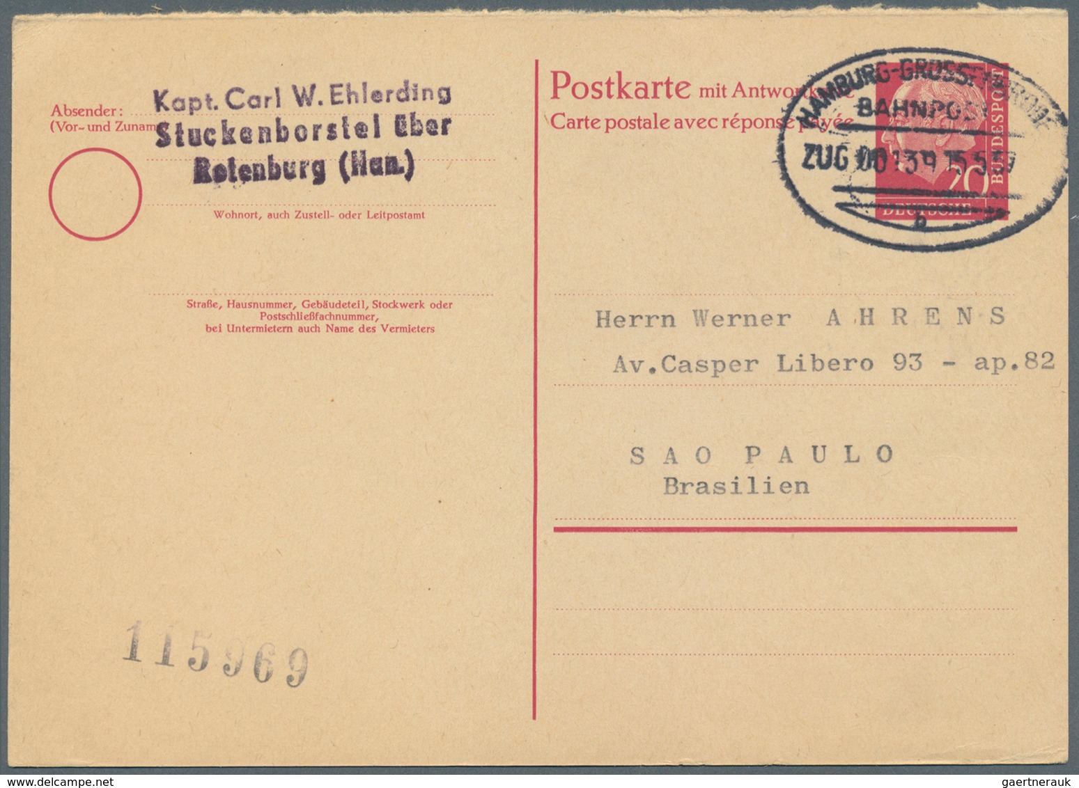 Bundesrepublik - Ganzsachen: 1957, Fragekarte 20 Pf Rot Heuss I, Mit Bahnpost "Hamburg-Großenbrode 1 - Andere & Zonder Classificatie