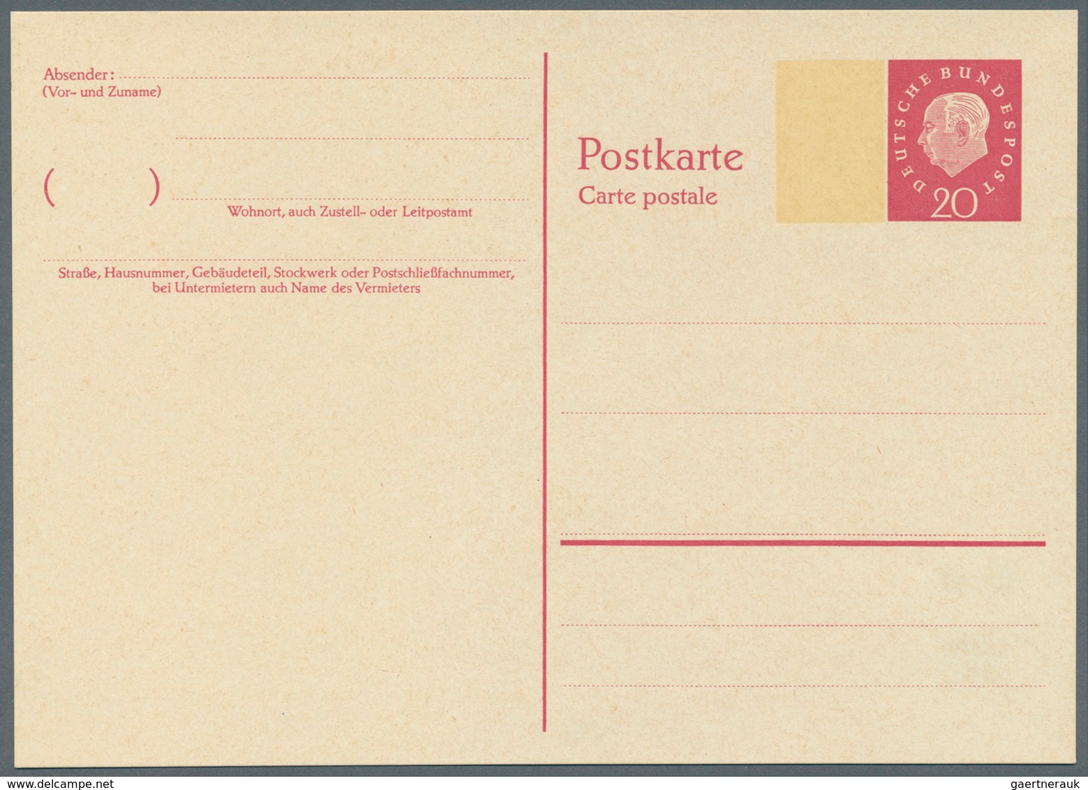 Bundesrepublik - Ganzsachen: 1960, Postkarte 20 Pf Rot Heuss Medaillon, Mit Breitem Fl.-Beidruck, Un - Sonstige & Ohne Zuordnung