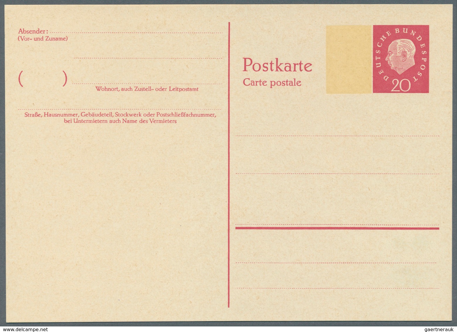 Bundesrepublik - Ganzsachen: 1960, Postkarte 20 Pf Rot Heuss Medaillon, Mit Breitem Fl.-Beidruck, Un - Andere & Zonder Classificatie