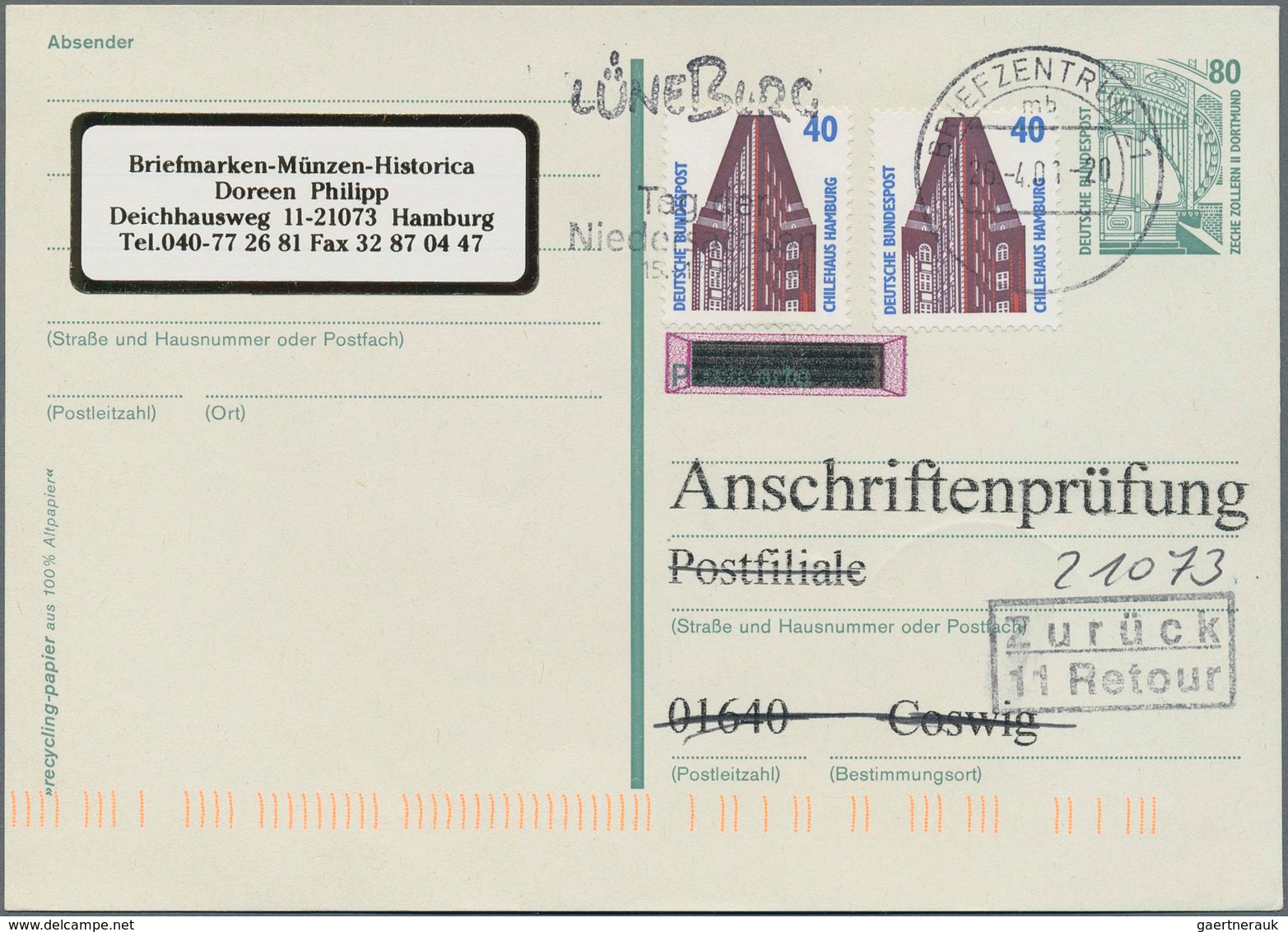 Bundesrepublik - Ganzsachen: 1993, 80 Pf. Sehenswürdigkeiten, Fehlende Farbe Grau Und Fehlender Leuc - Sonstige & Ohne Zuordnung