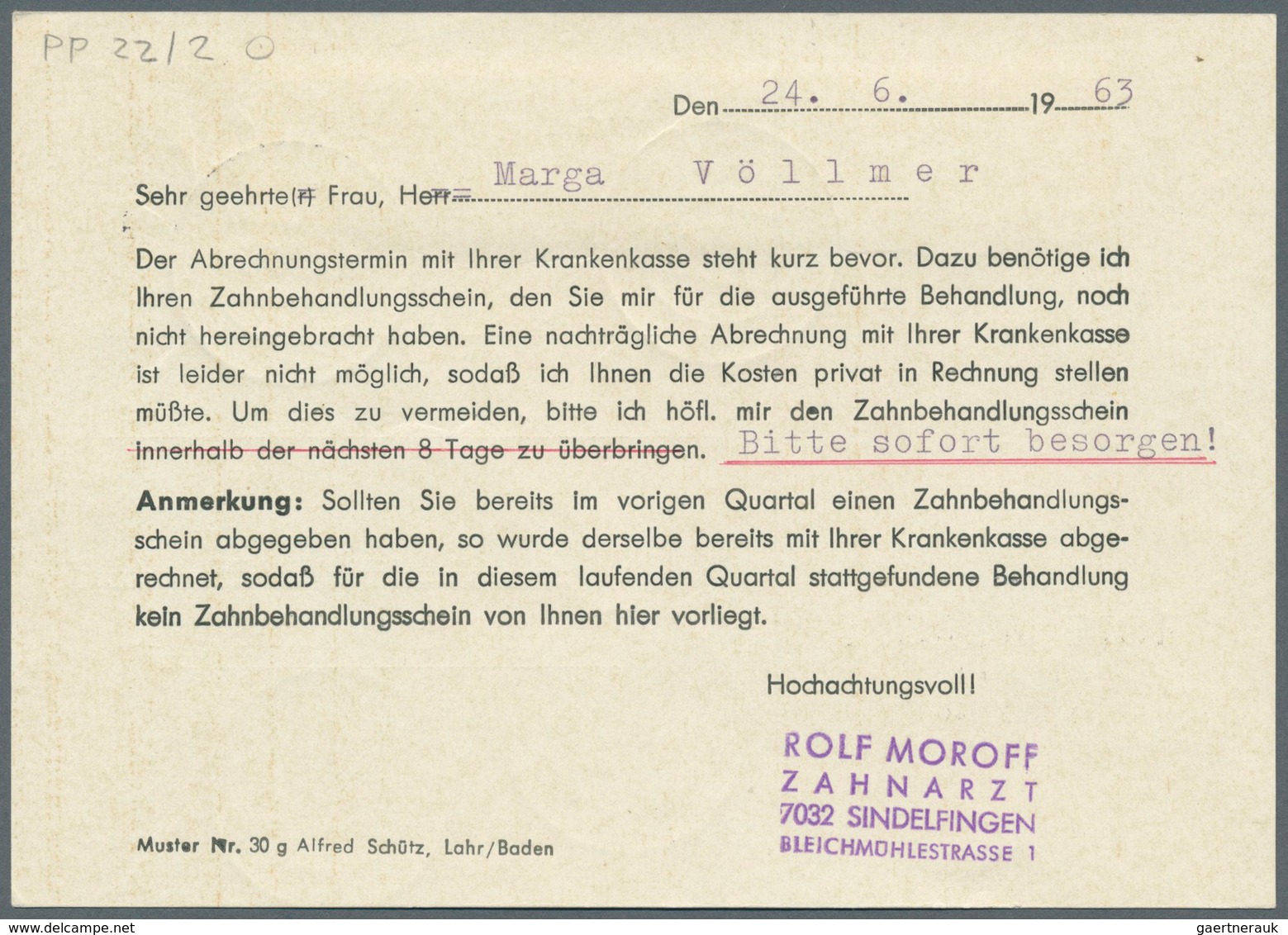 Bundesrepublik - Ganzsachen: 1963, Privat-Postkarte 7 Pf Deutsche "Moroff, Zahnarzt", Rs. Vordruck " - Autres & Non Classés