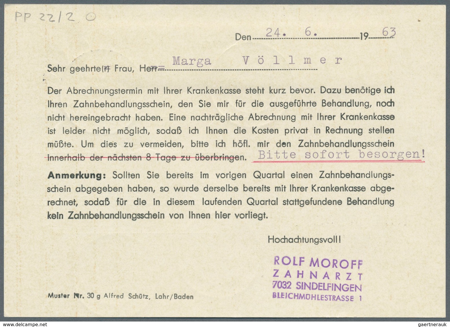 Bundesrepublik - Ganzsachen: 1963, Privat-Postkarte 7 Pf Deutsche "Moroff, Zahnarzt", Rs. Vordruck " - Andere & Zonder Classificatie