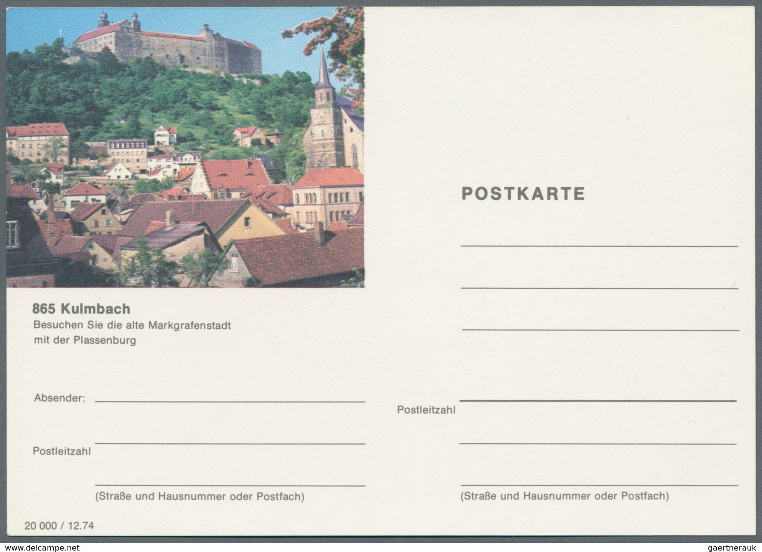 Bundesrepublik - Ganzsachen: 1974, Probedruck Für Bildpostkarte 12.74 Mit Bild "Kulmbach", Nicht-ver - Sonstige & Ohne Zuordnung