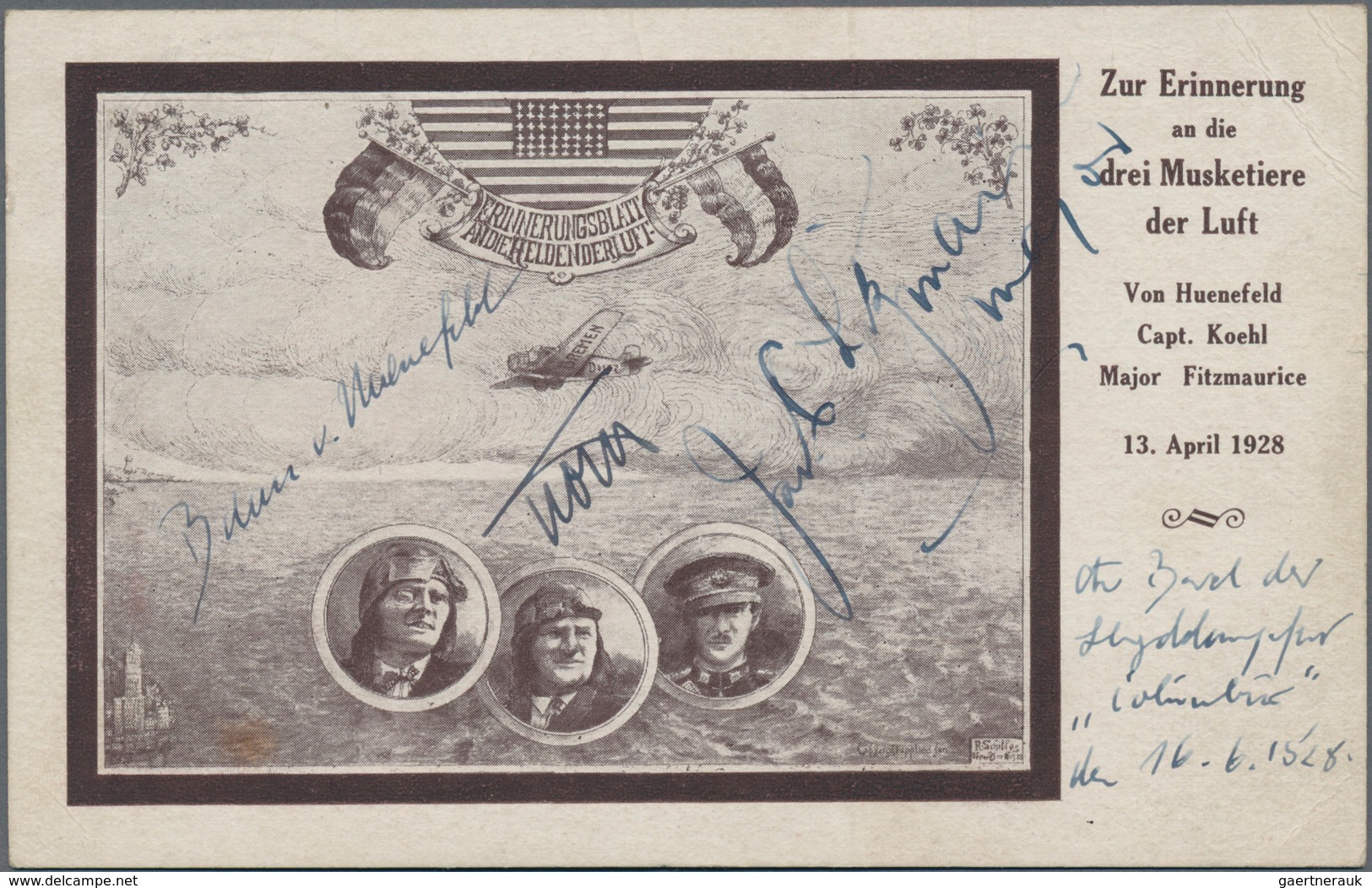 Autographen: 1928. Dampfer "Columbus" / Rückkehr Der Amerika-Flieger Köhl, Fitzmaurice Und Hünefeld. - Autres & Non Classés