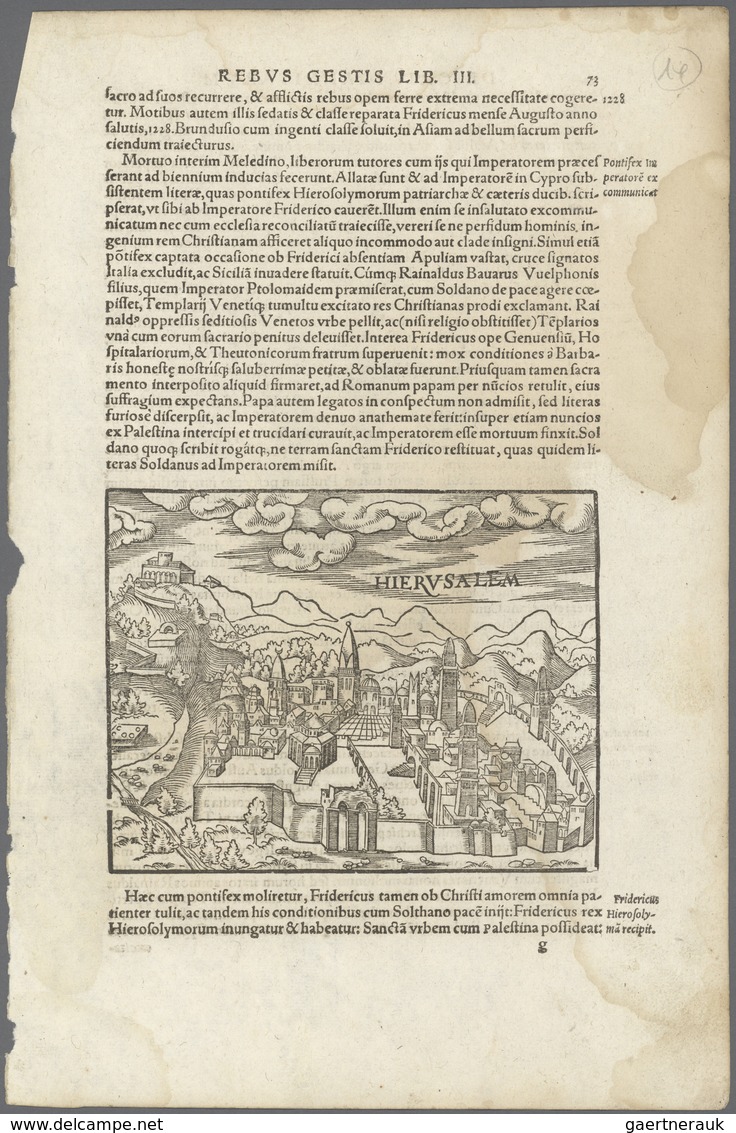 Landkarten Und Stiche: 1581 (ca.). Rare City View Of Jerusalem Inset Into A Page Of Volume Three Of - Géographie