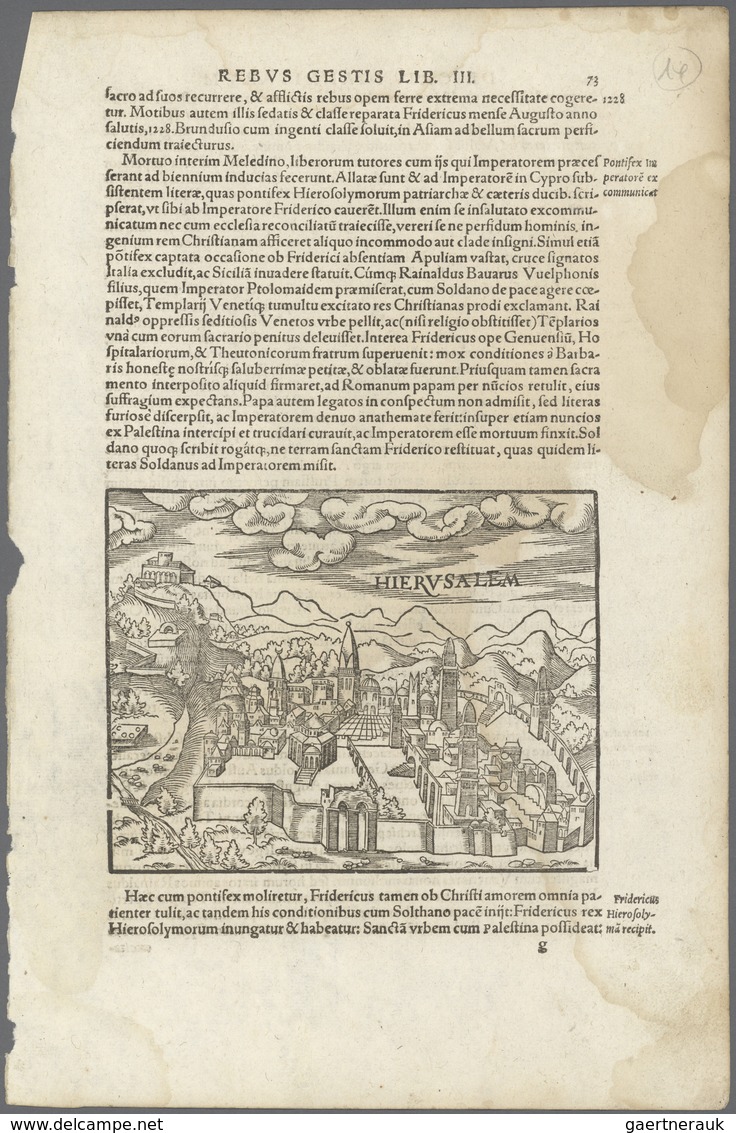 Landkarten Und Stiche: 1581 (ca.). Rare City View Of Jerusalem Inset Into A Page Of Volume Three Of - Geographie