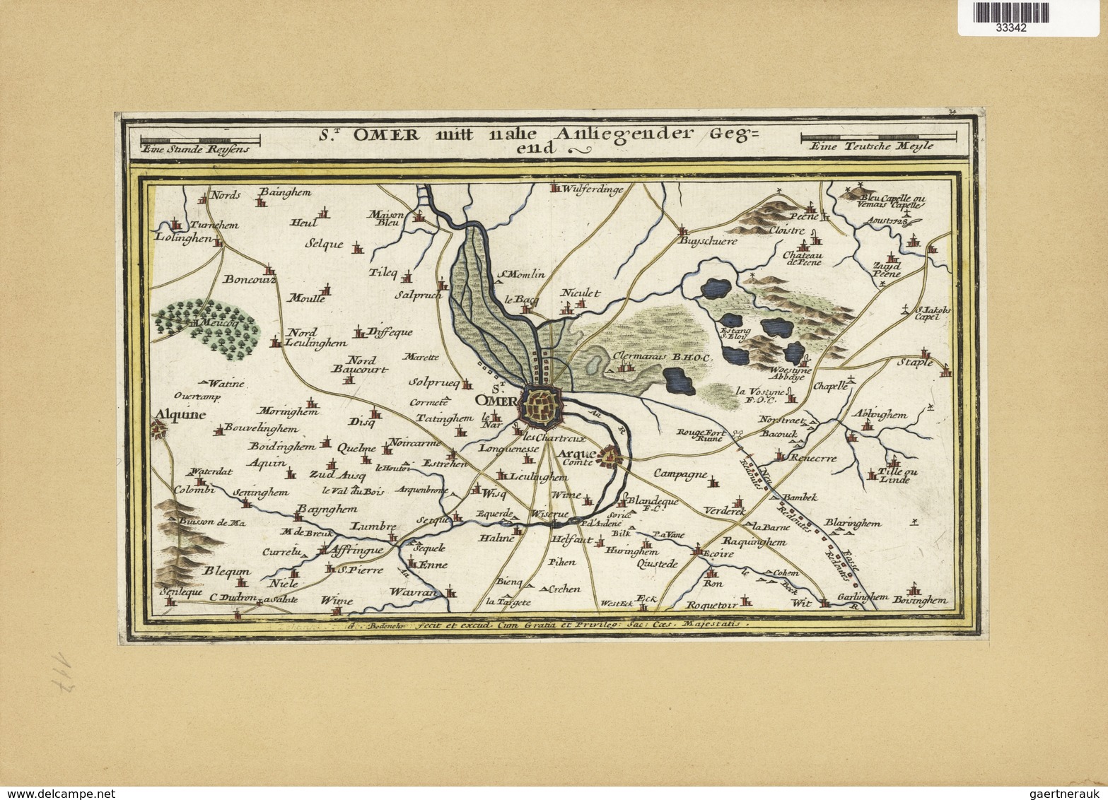 Landkarten Und Stiche: 1720. Hand-colored Map Of St Omer In The Calais Region Of France By Gabriel B - Géographie