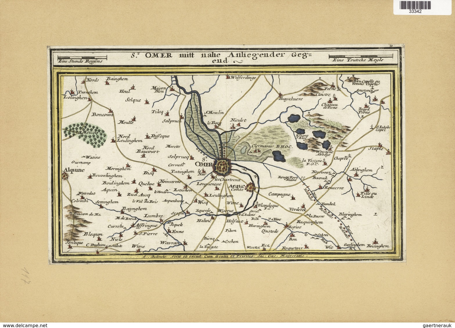 Landkarten Und Stiche: 1720. Hand-colored Map Of St Omer In The Calais Region Of France By Gabriel B - Geographie