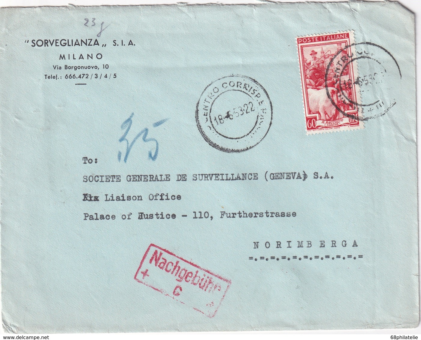 ITALIE 1953 LETTRE DE MILANO - 1946-60: Poststempel