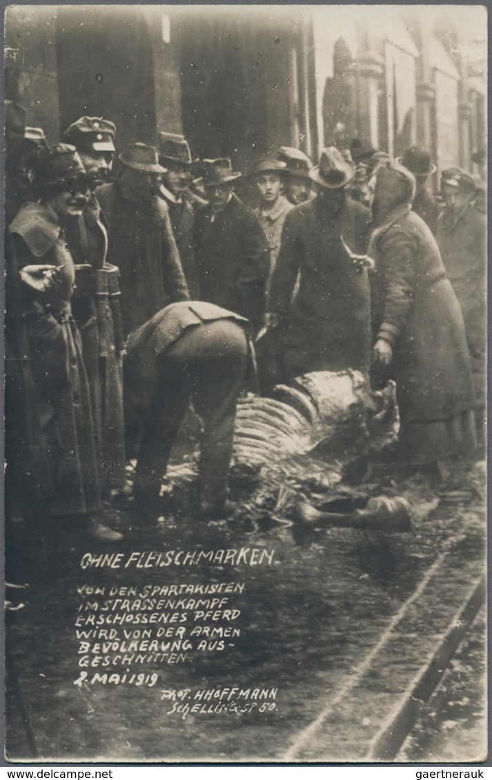 Ansichtskarten: Politik / Politics: MÜNCHEN REVOLUTION 1919, Drei Echtfotokarten "Ohne Fleischmarken - Personnages