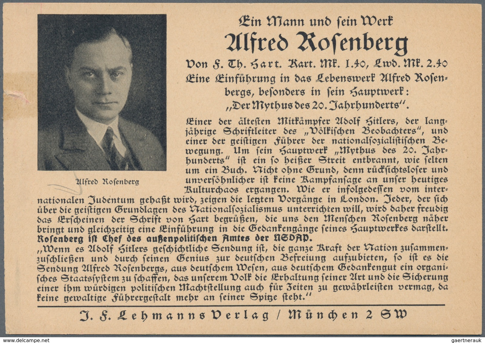 Ansichtskarten: Propaganda: 1930 Ca., "Ein Mann Und Sein Werk Alfred Rosenberg" Von F. Th. Hart, Ein - Politieke Partijen & Verkiezingen