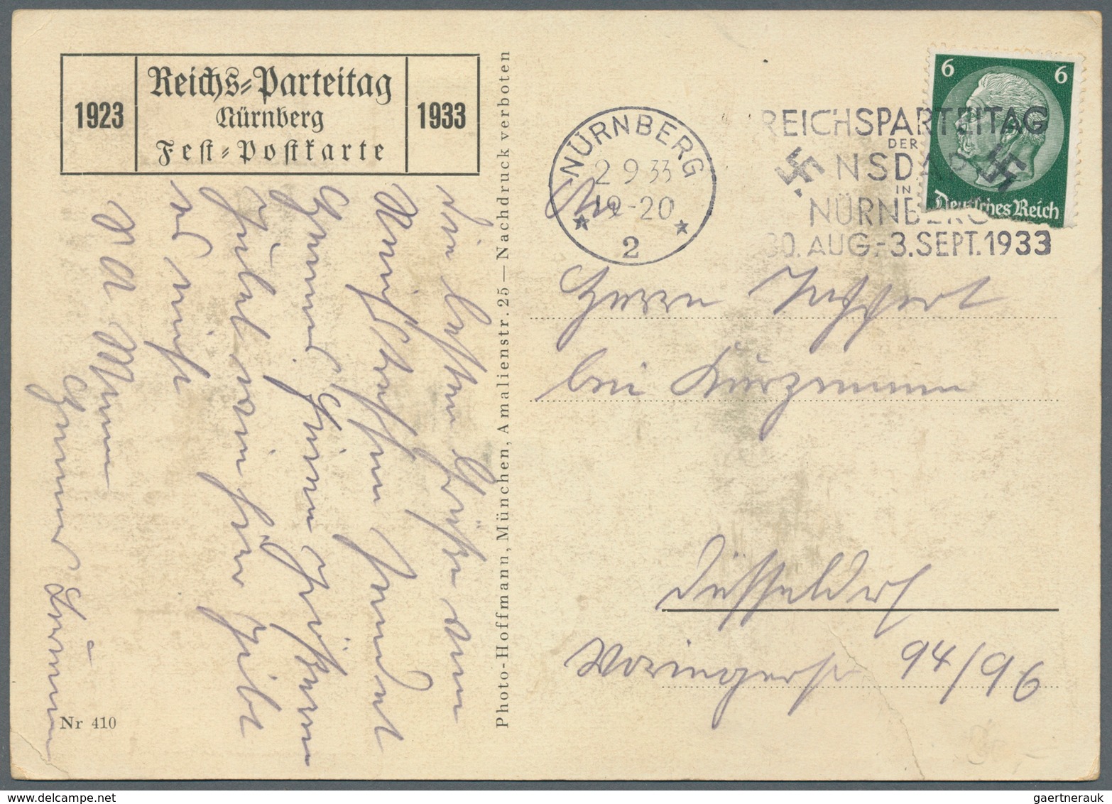 Ansichtskarten: Propaganda: 1933, Farbkarte "Reichsparteitag Nürnberg 1923-1933", Mit Abb. "Hitler V - Politieke Partijen & Verkiezingen