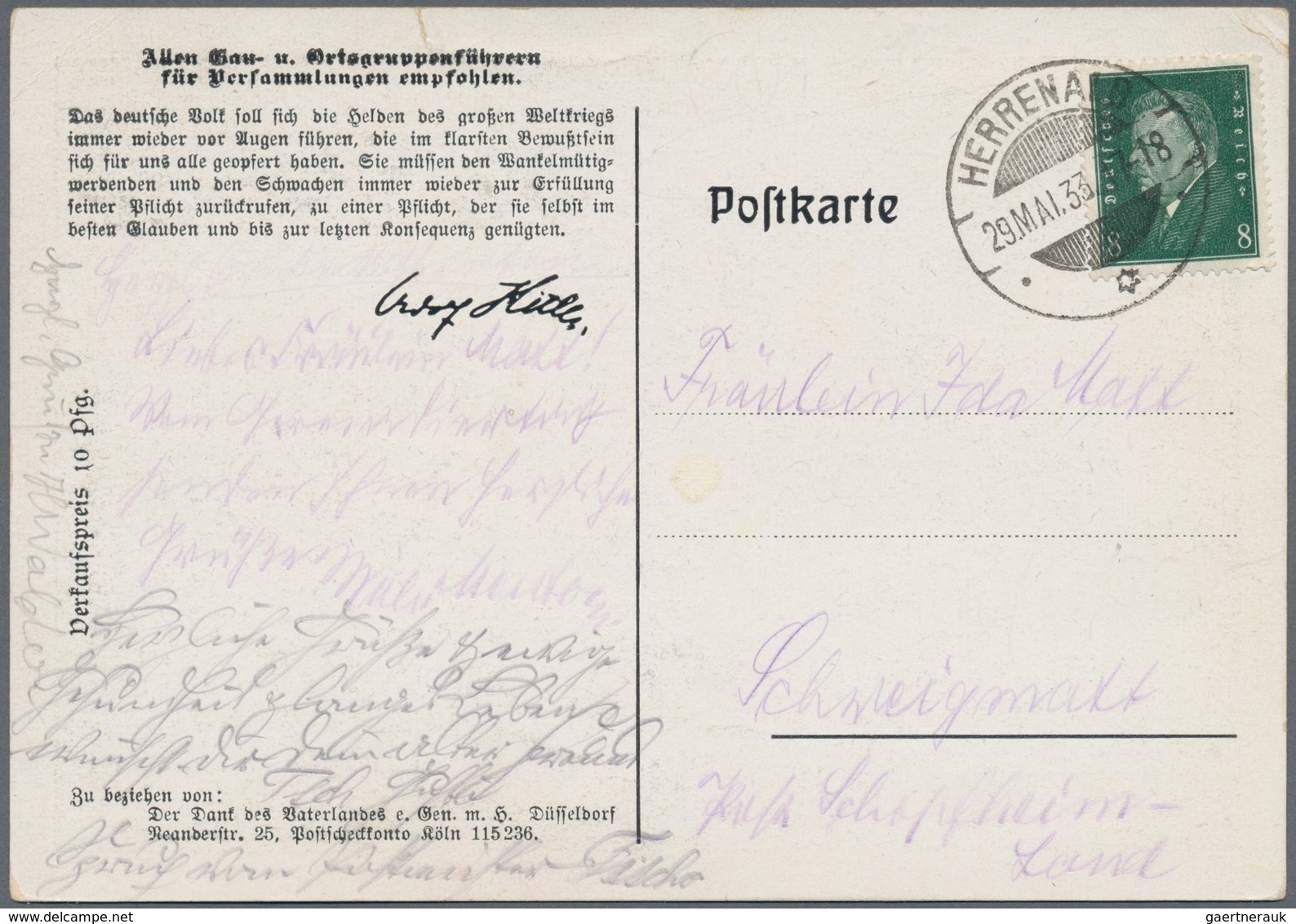 Ansichtskarten: Propaganda: 1933, "Der DANK Des Vaterlandes" Propagandakarte Mit Hitler Zitat, Posta - Parteien & Wahlen